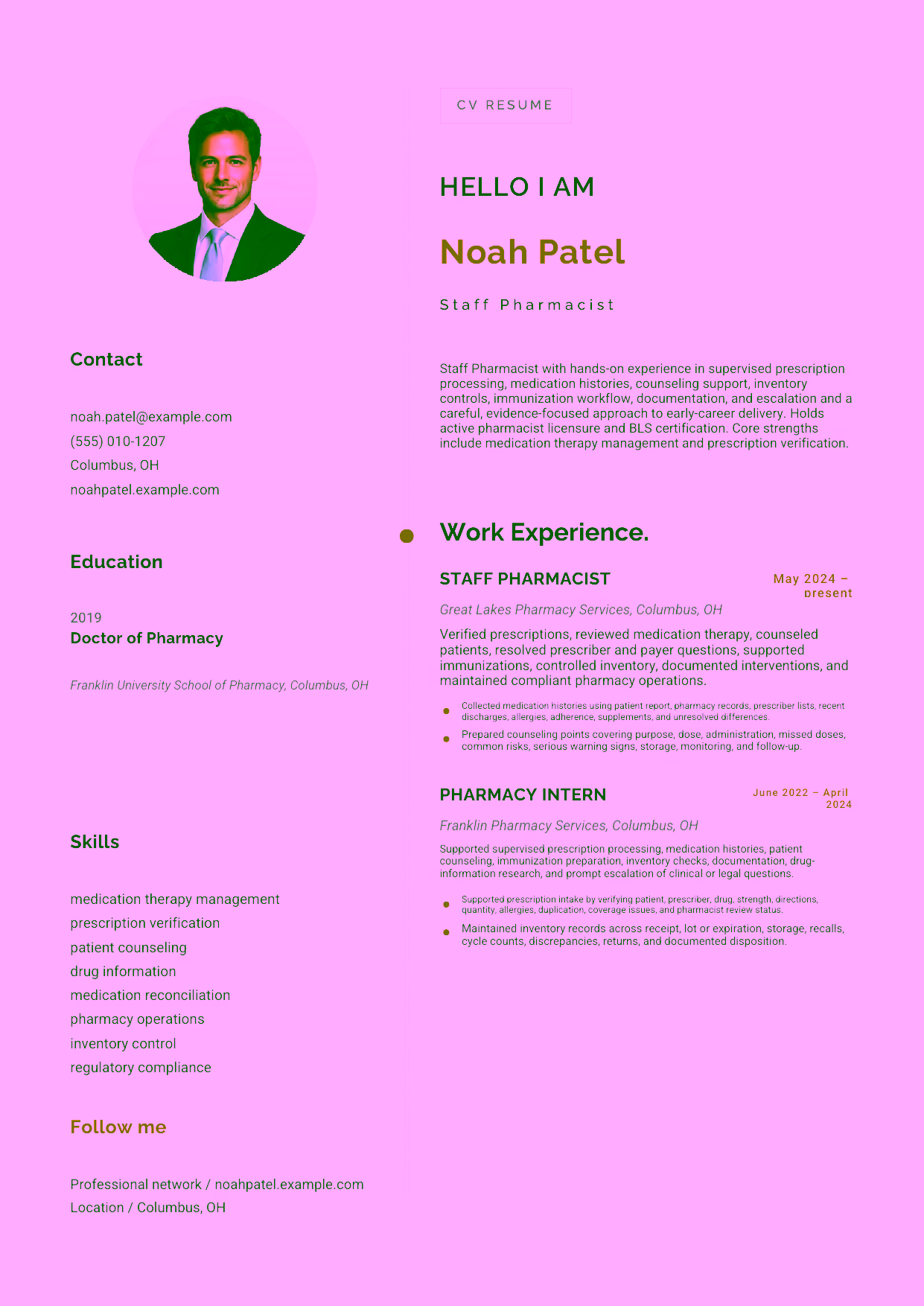 Entry-level Staff Pharmacist resume example in the Eridanus template focused on supervised prescription processing, medication histories, counseling support, inventory controls, immunization workflow, documentation, and escalation.