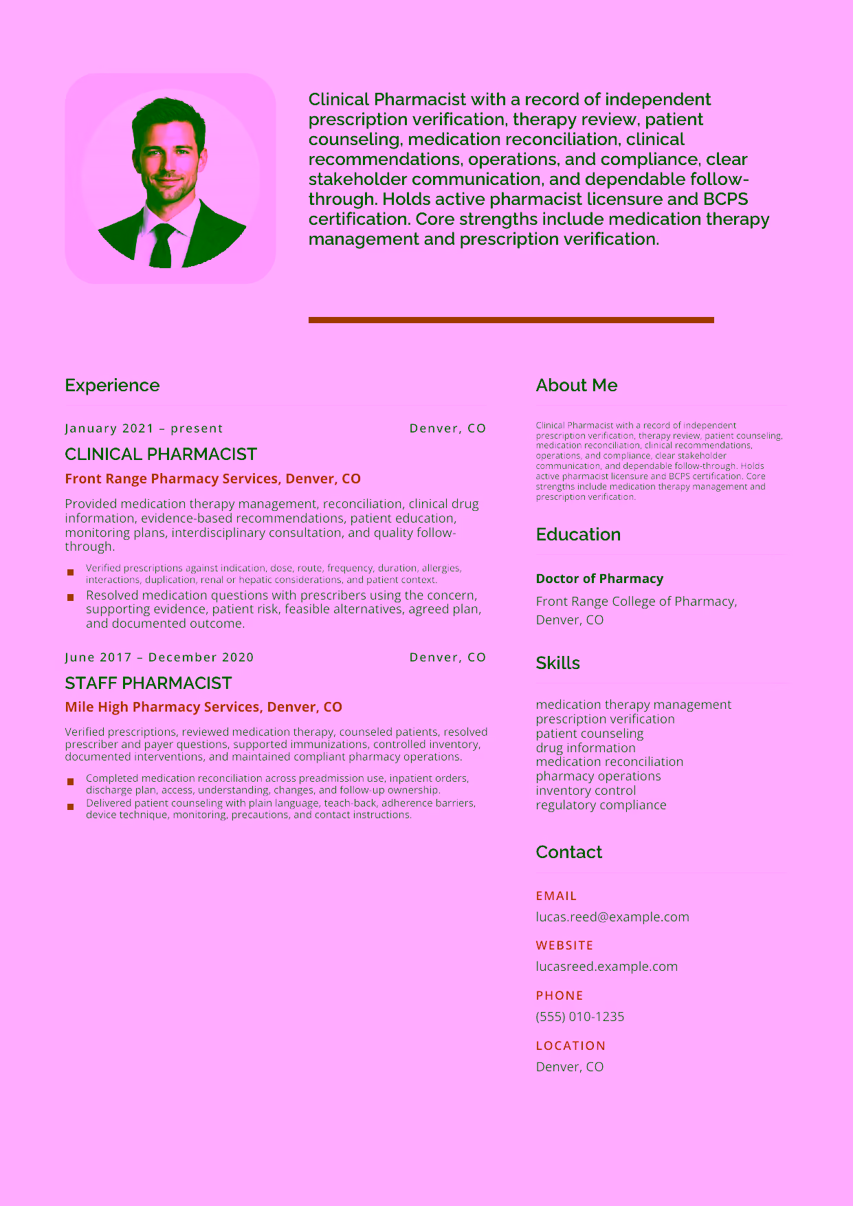 Mid-level Clinical Pharmacist resume example in the Andromeda template focused on independent prescription verification, therapy review, patient counseling, medication reconciliation, clinical recommendations, operations, and compliance.