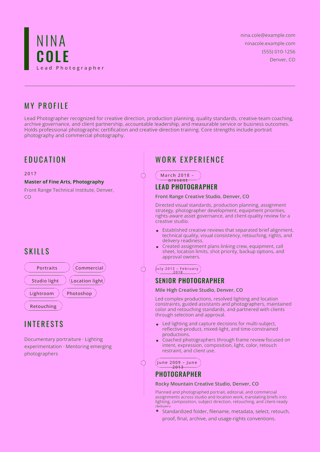 Advanced Lead Photographer resume example in the Caelum template focused on creative direction, production planning, quality standards, creative-team coaching, archive governance, and client partnership.