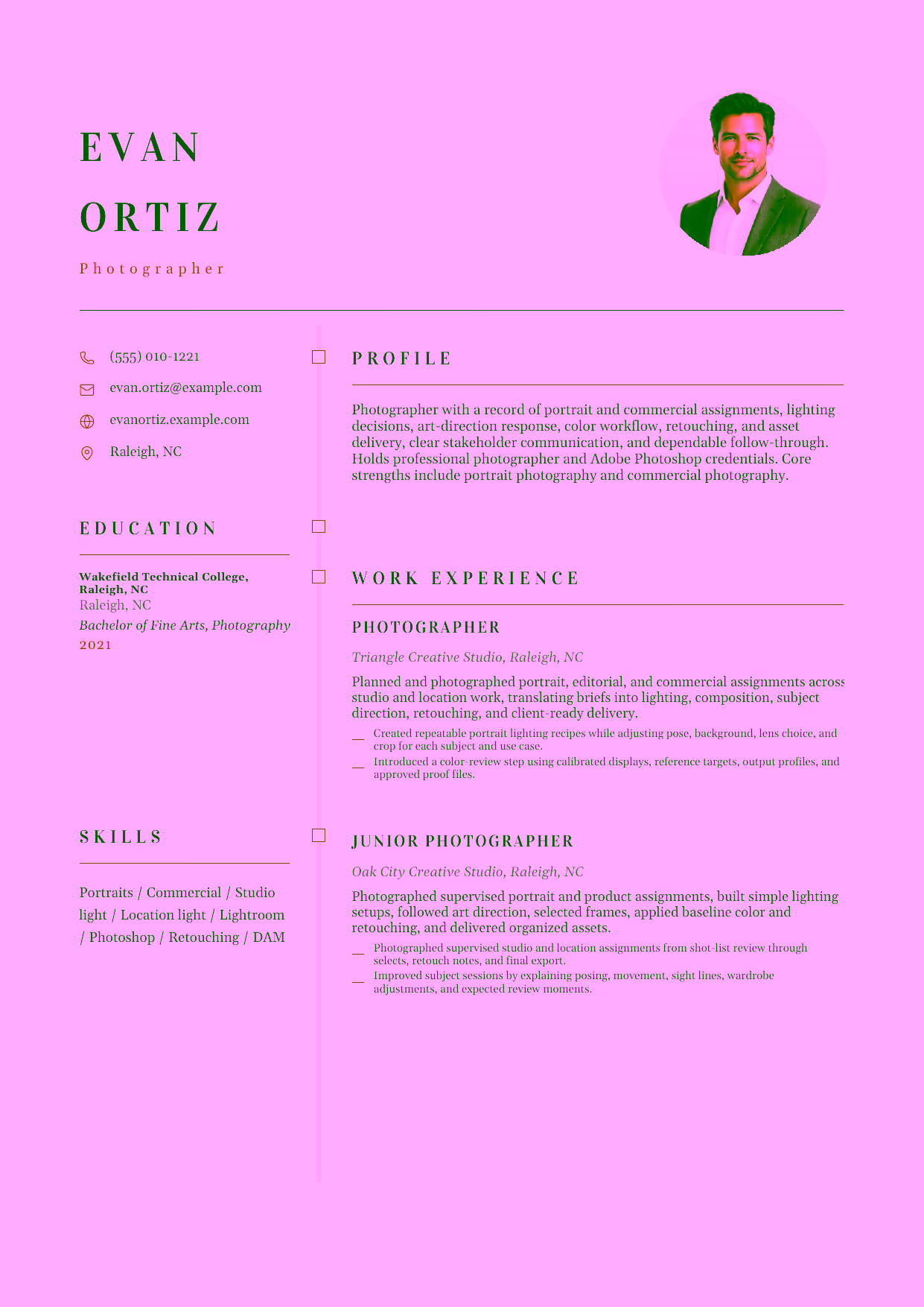 Mid-level Photographer resume example in the Draco template focused on portrait and commercial assignments, lighting decisions, art-direction response, color workflow, retouching, and asset delivery.