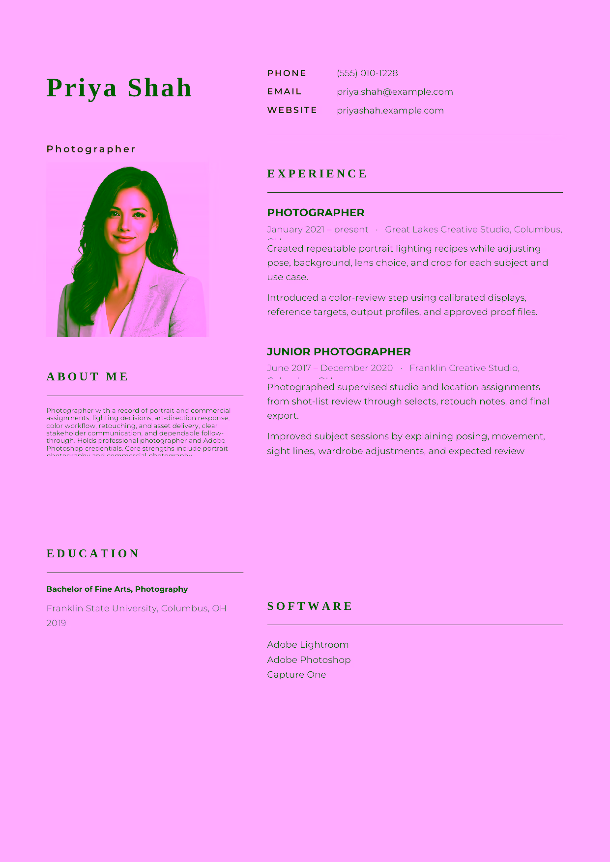 Mid-level Photographer resume example in the Hydra template focused on portrait and commercial assignments, lighting decisions, art-direction response, color workflow, retouching, and asset delivery.