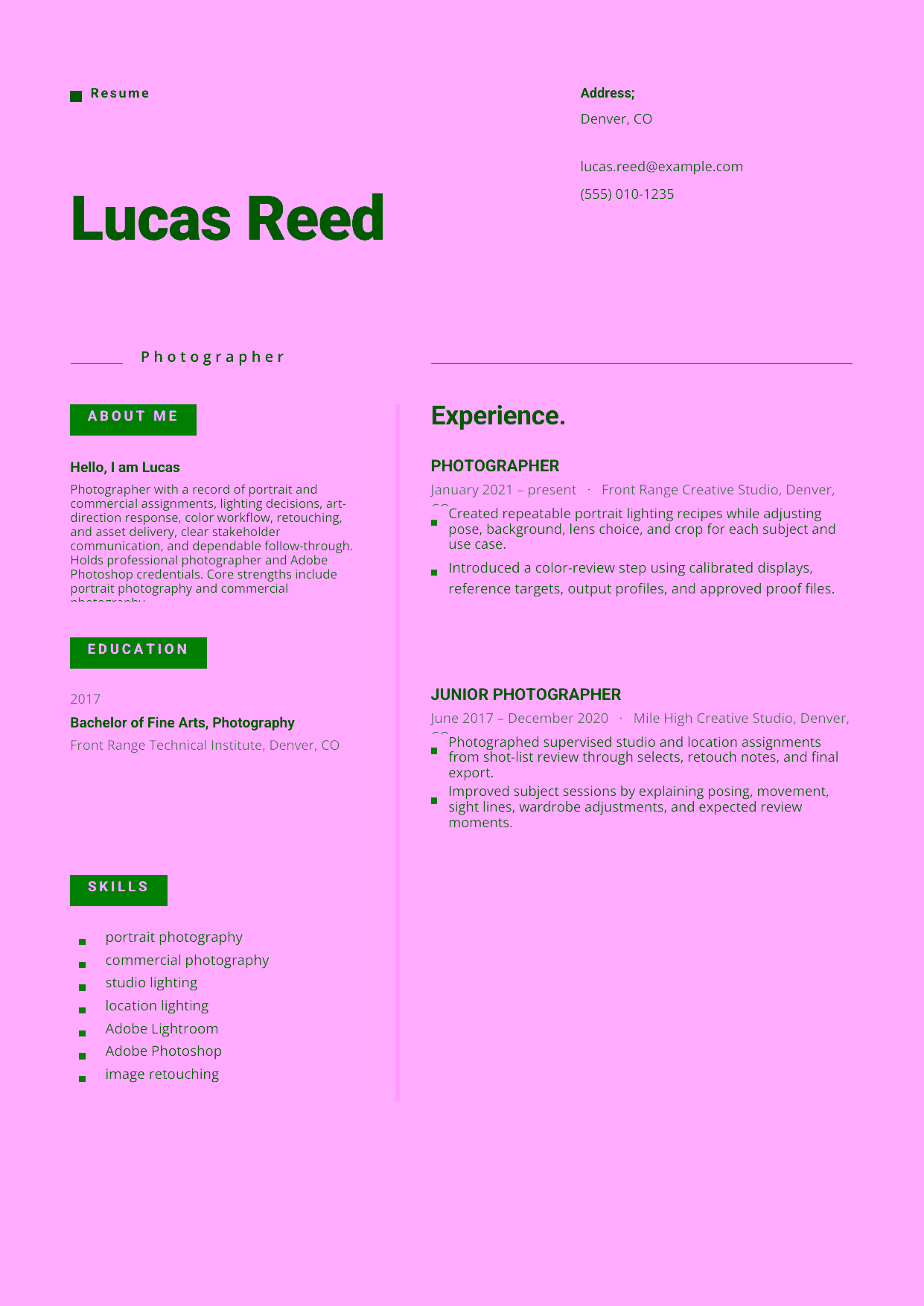 Mid-level Photographer resume example in the Indus template focused on portrait and commercial assignments, lighting decisions, art-direction response, color workflow, retouching, and asset delivery.