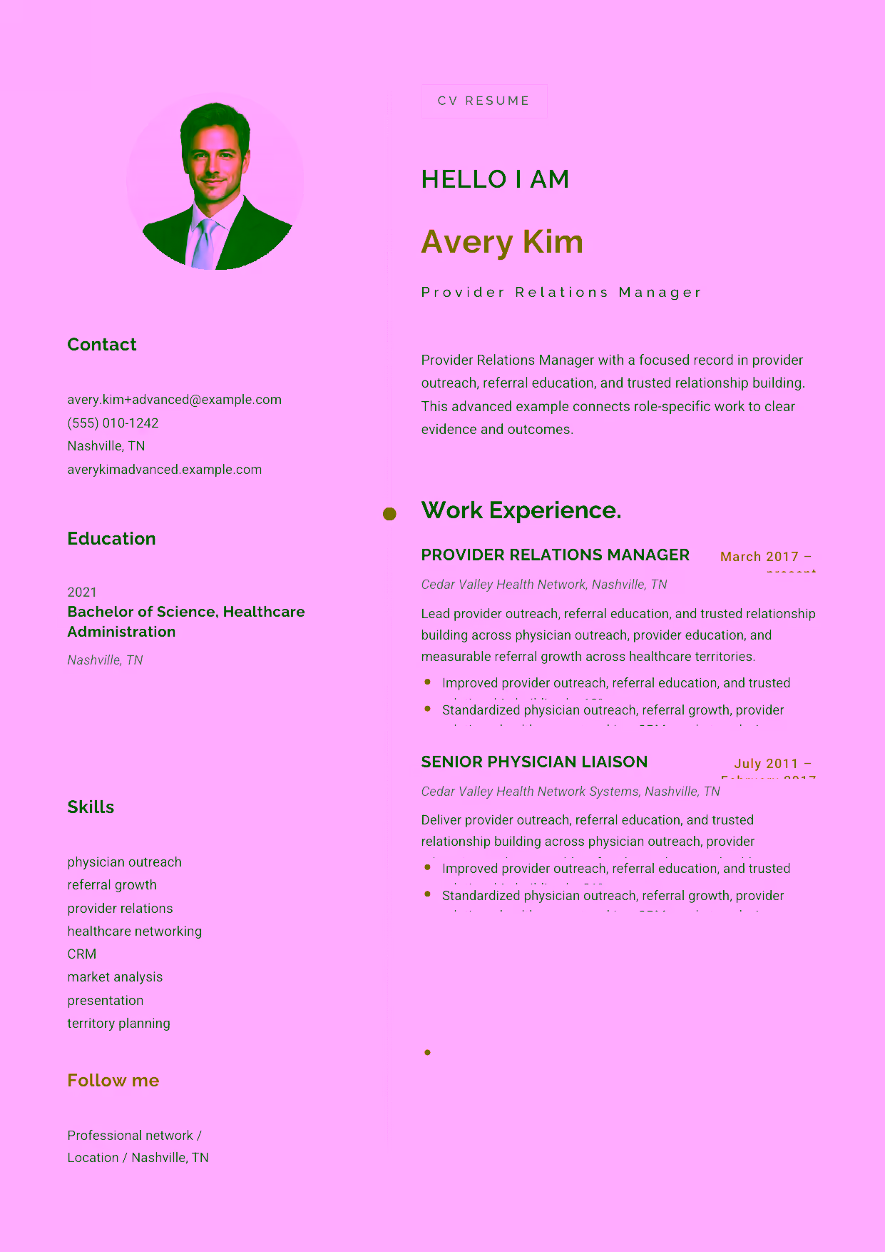 Advanced Provider Relations Manager resume example in the Eridanus template focused on market strategy, hospital-partner alignment, and liaison team leadership.