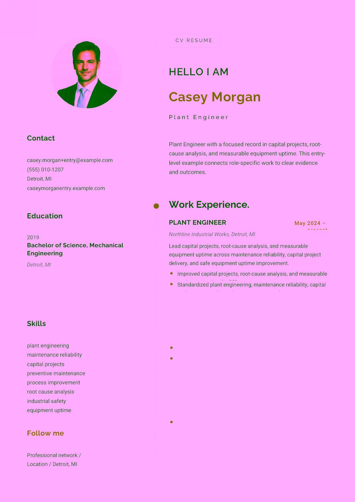 Entry-level Plant Engineer resume example in the Eridanus template focused on reliable equipment support, preventive maintenance, and practical plant improvements.