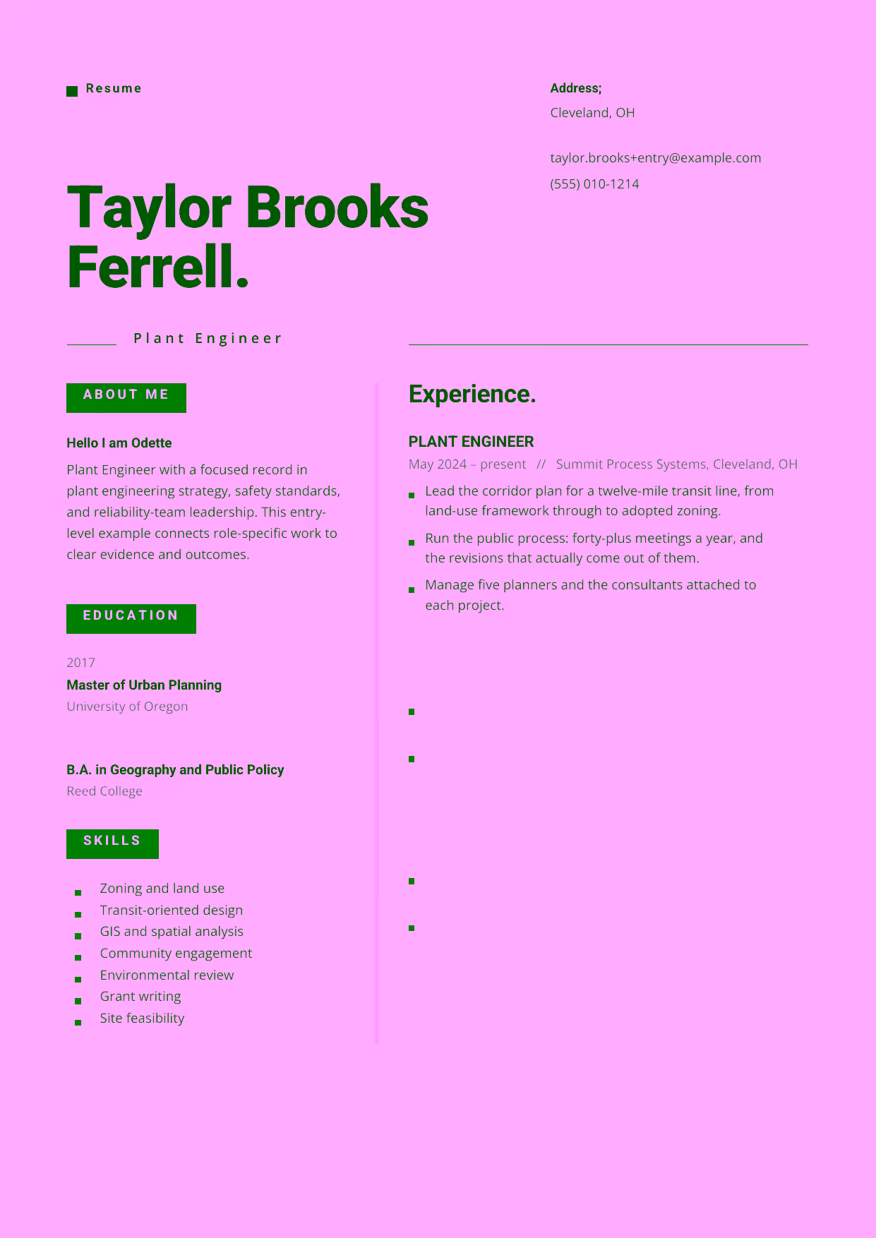 Entry-level Plant Engineer resume example in the Indus template focused on reliable equipment support, preventive maintenance, and practical plant improvements.