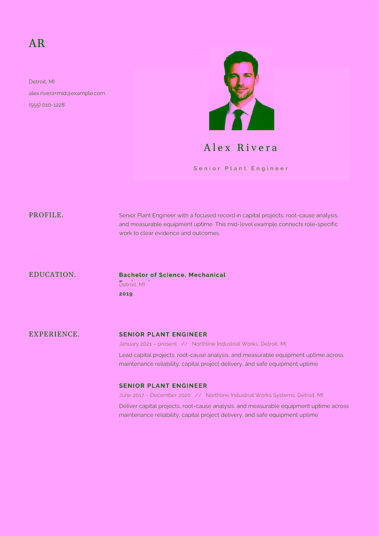 Mid-level Senior Plant Engineer resume example in the Norma template focused on capital projects, root-cause analysis, and measurable equipment uptime.
