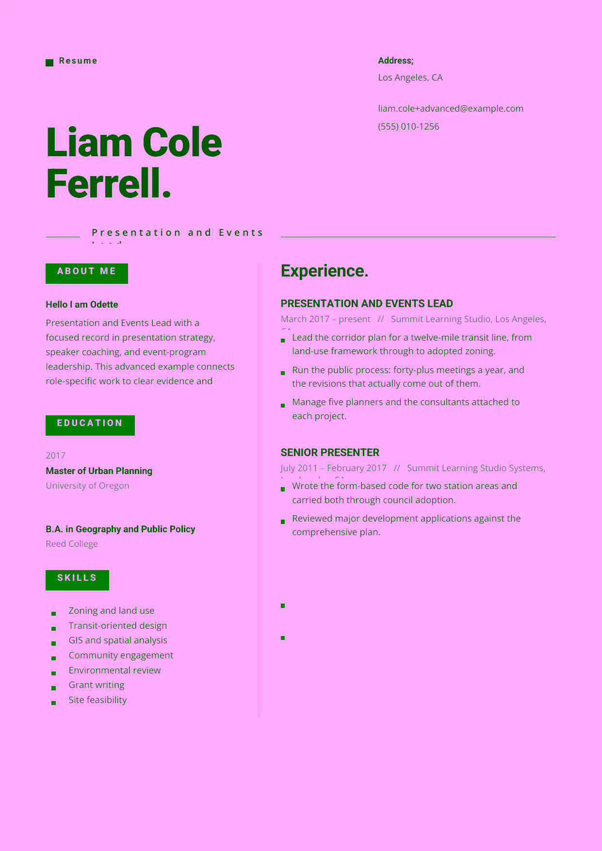 Advanced Presentation and Events Lead resume example in the Indus template focused on presentation strategy, speaker coaching, and event-program leadership.