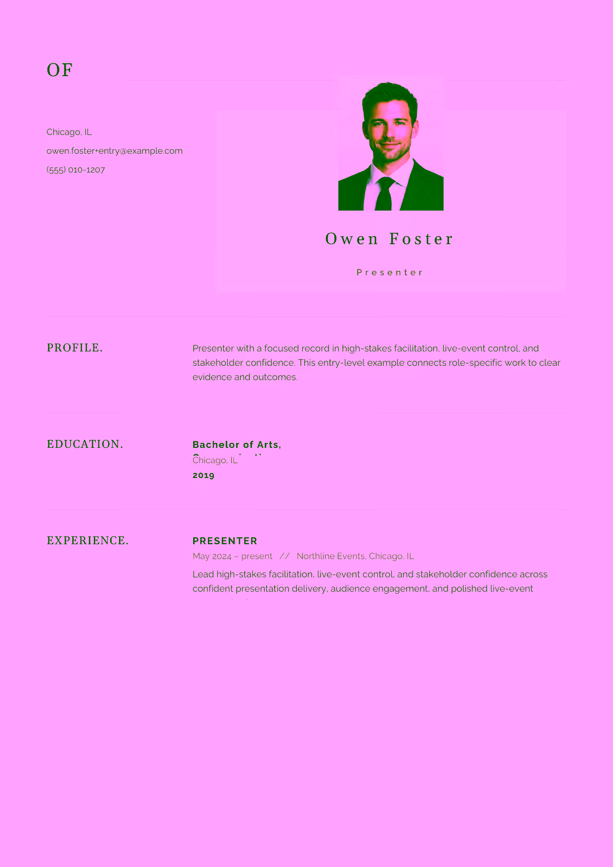 Entry-level Presenter resume example in the Norma template focused on clear delivery, audience connection, and polished presentation preparation.