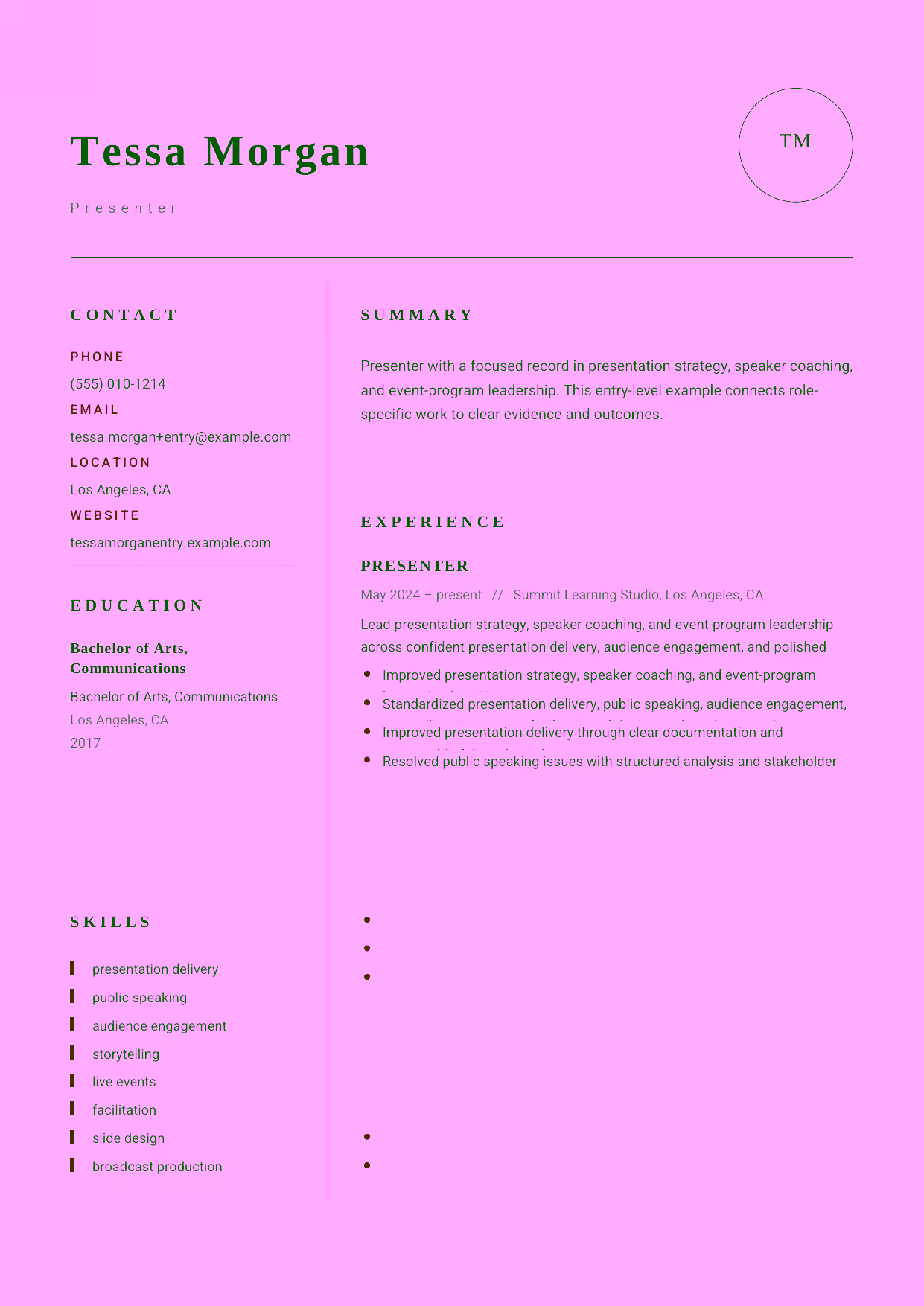 Entry-level Presenter resume example in the Grus template focused on clear delivery, audience connection, and polished presentation preparation.