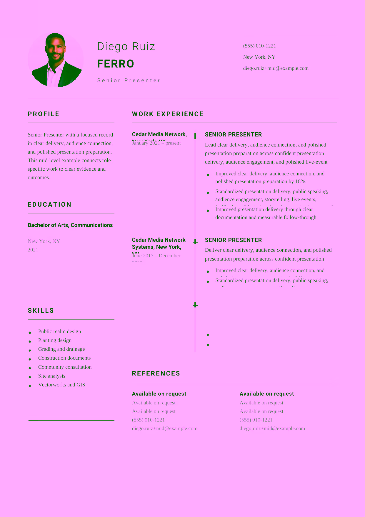 Mid-level Senior Presenter resume example in the Puppis template focused on high-stakes facilitation, live-event control, and stakeholder confidence.