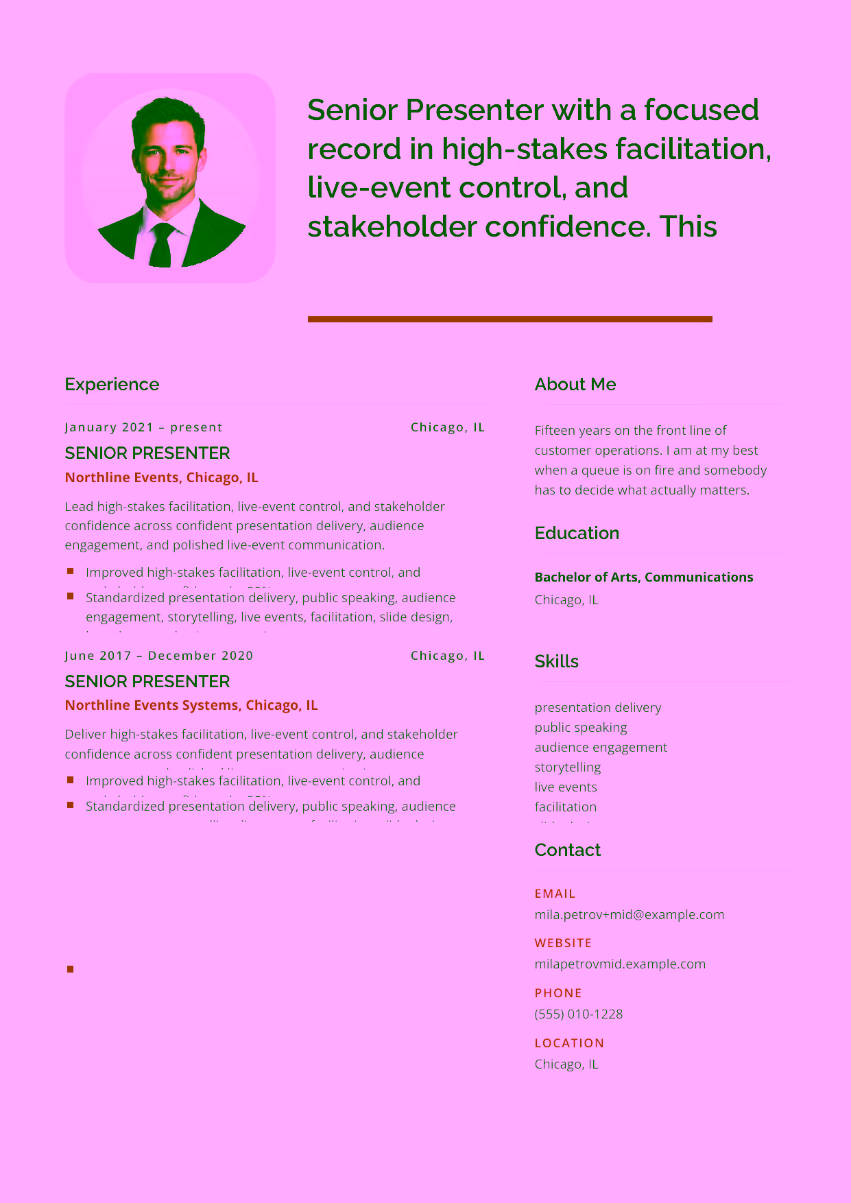 Mid-level Senior Presenter resume example in the Andromeda template focused on high-stakes facilitation, live-event control, and stakeholder confidence.