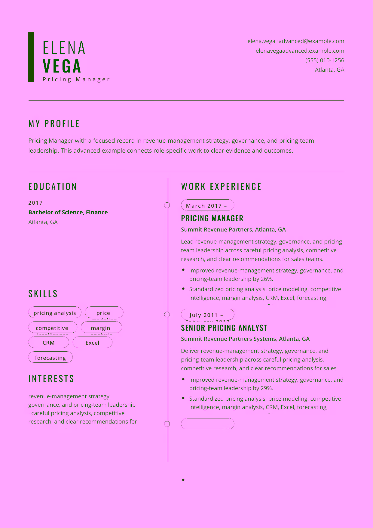 Advanced Pricing Manager resume example in the Caelum template focused on revenue-management strategy, governance, and pricing-team leadership.