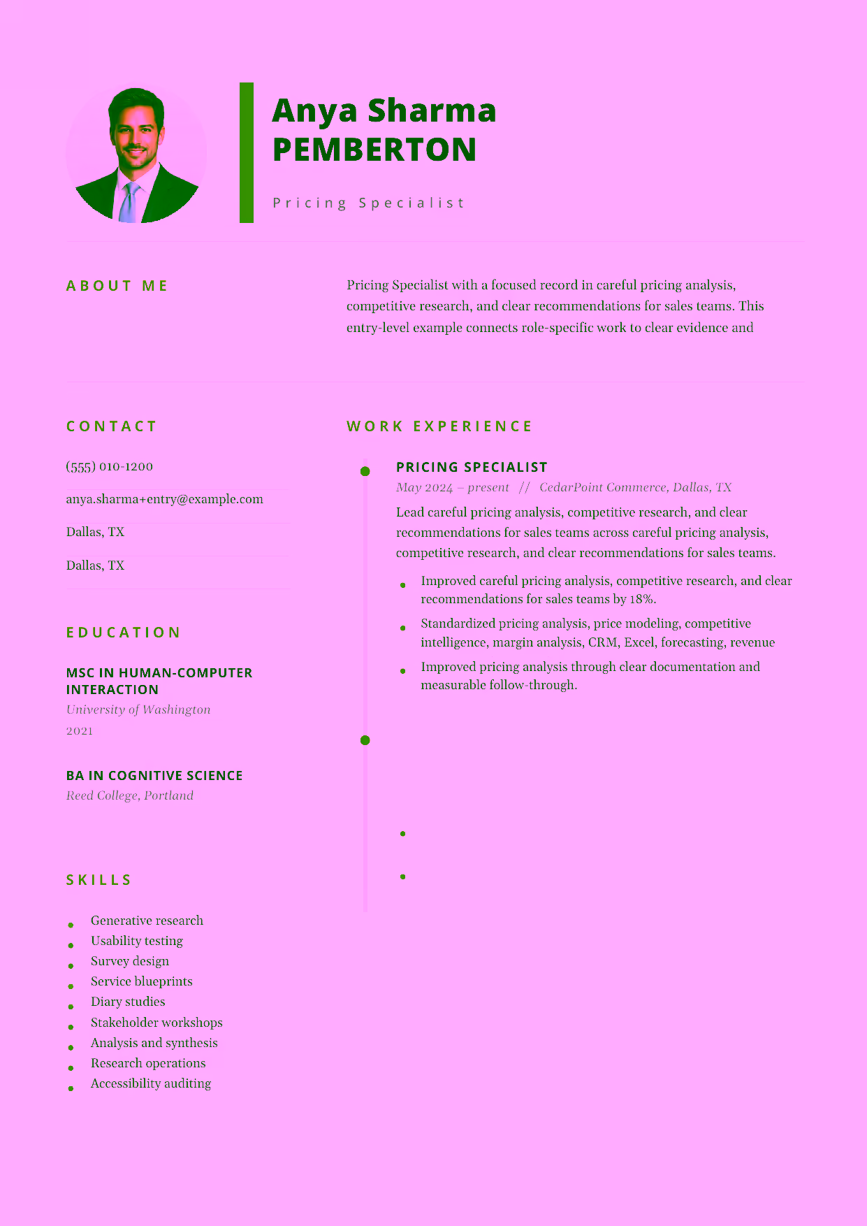 Entry-level Pricing Specialist resume example in the Pegasus template focused on careful pricing analysis, competitive research, and clear recommendations for sales teams.