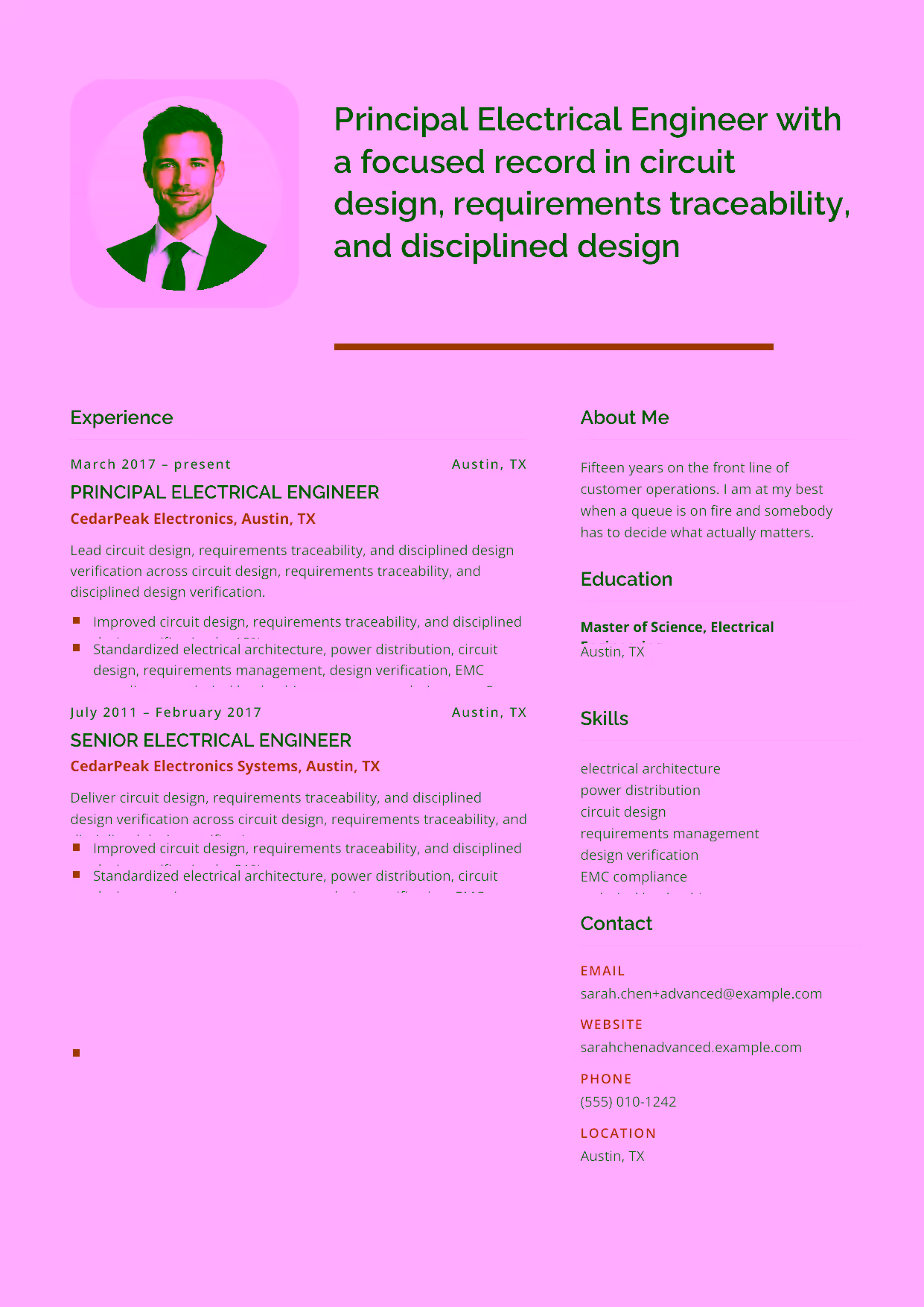 Advanced Principal Electrical Engineer resume example in the Andromeda template focused on technical direction, engineering standards, and cross-functional design leadership.