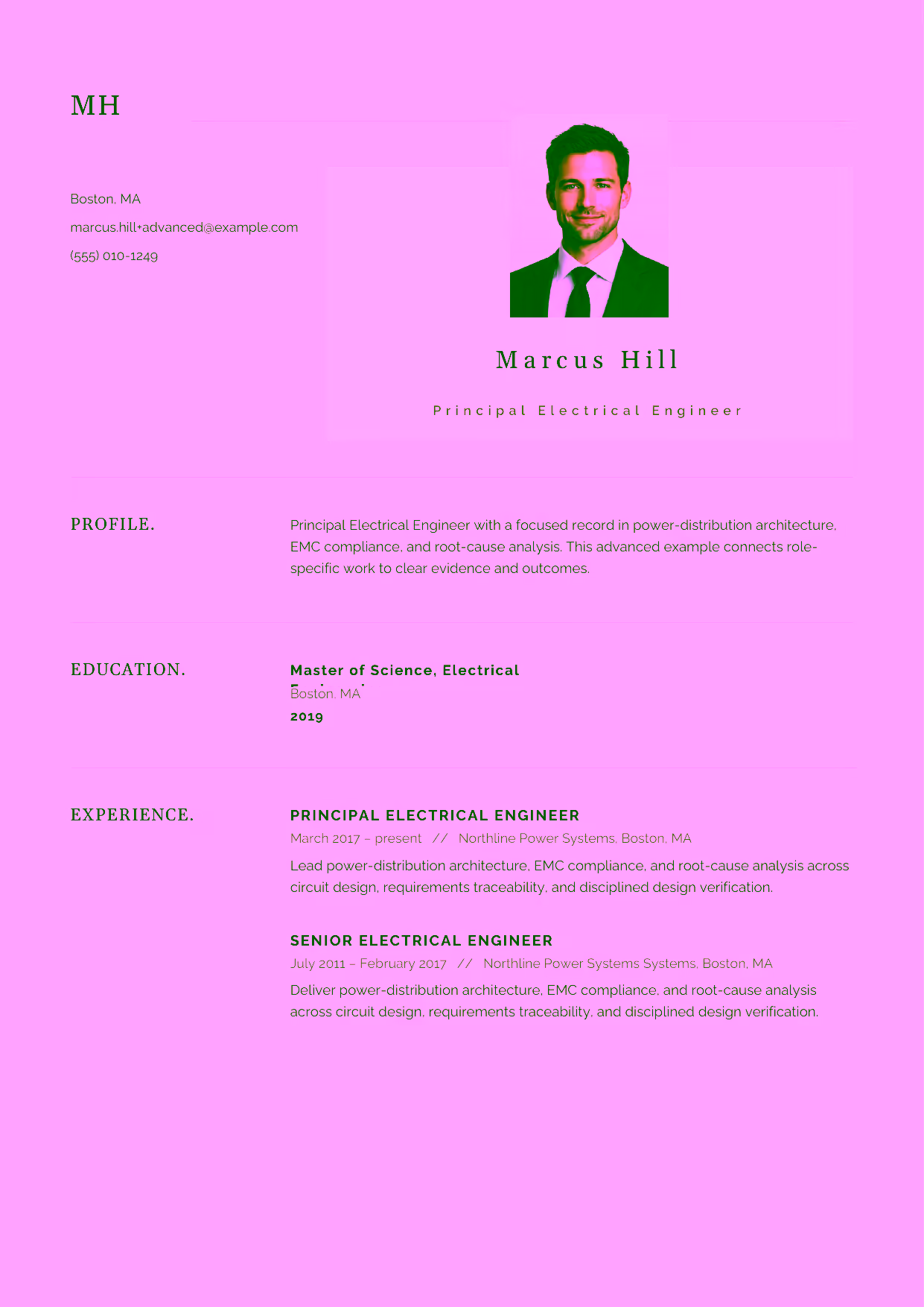Advanced Principal Electrical Engineer resume example in the Norma template focused on technical direction, engineering standards, and cross-functional design leadership.