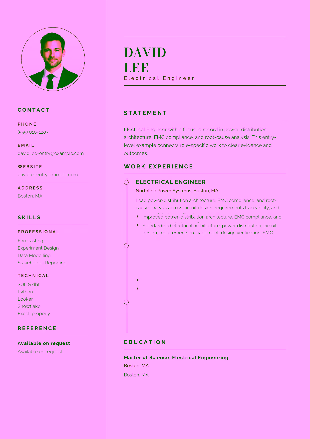 Entry-level Electrical Engineer resume example in the Cetus template focused on circuit design, requirements traceability, and disciplined design verification.