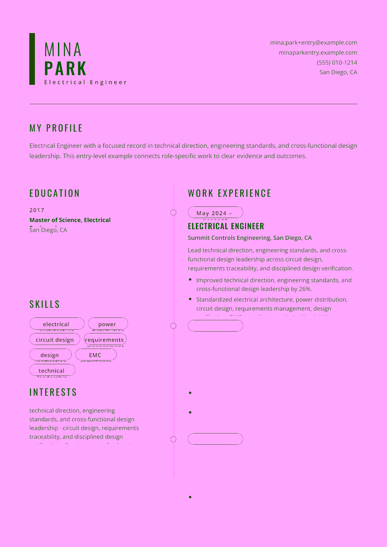 Entry-level Electrical Engineer resume example in the Caelum template focused on circuit design, requirements traceability, and disciplined design verification.