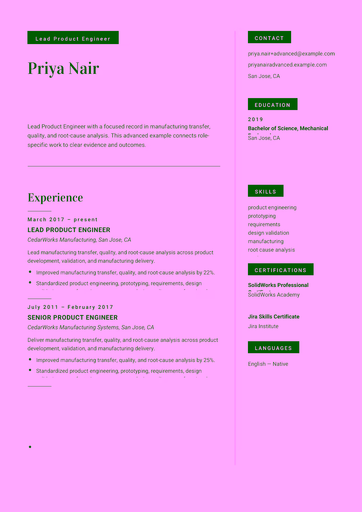 Advanced Lead Product Engineer resume example in the Aquila template focused on product lifecycle ownership, cross-functional delivery, and technical leadership.