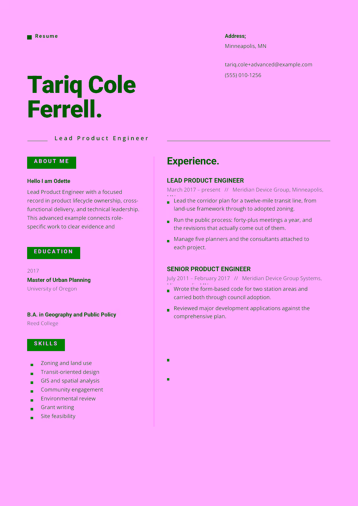 Advanced Lead Product Engineer resume example in the Indus template focused on product lifecycle ownership, cross-functional delivery, and technical leadership.