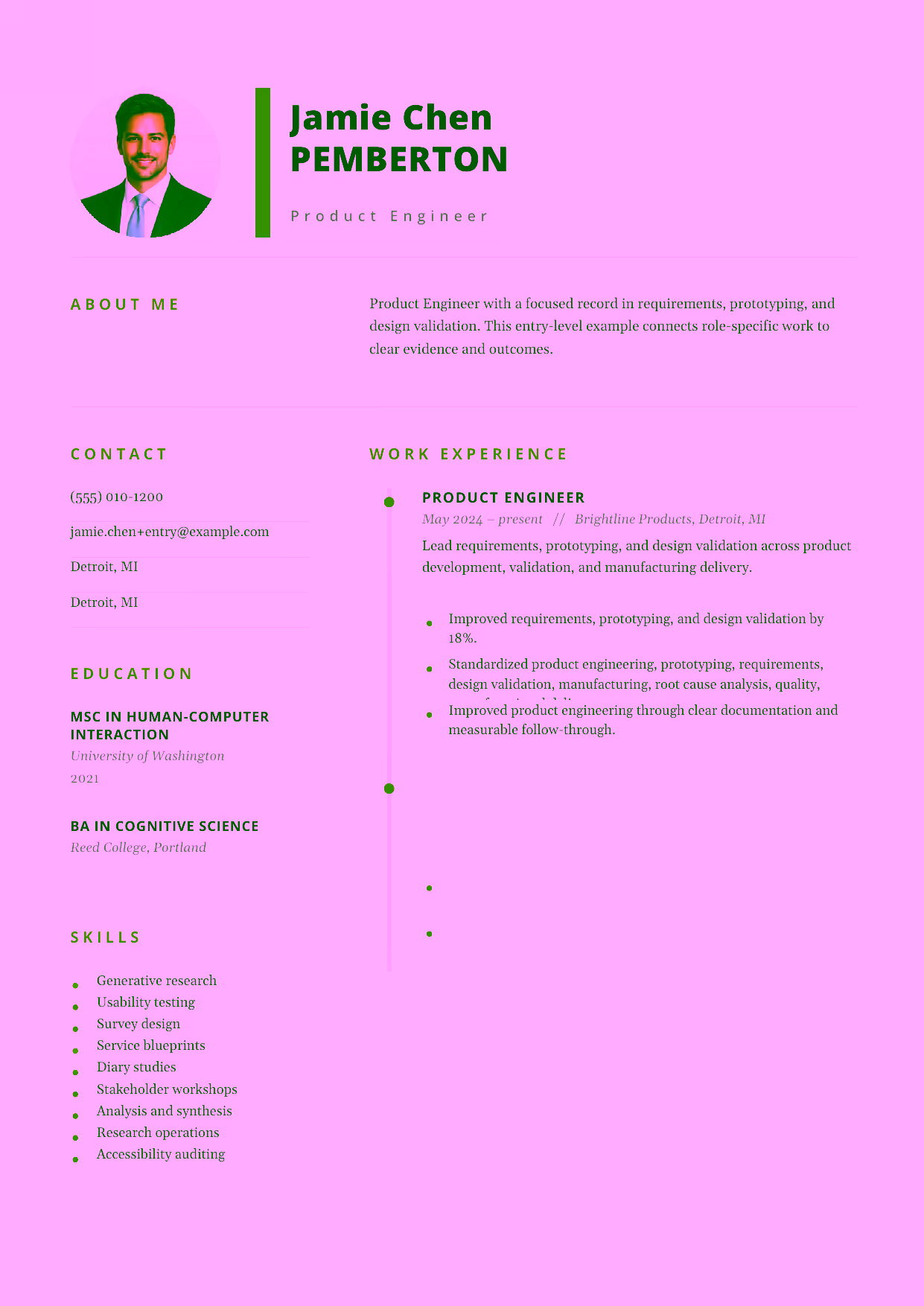 Entry-level Product Engineer resume example in the Pegasus template focused on requirements, prototyping, and design validation.