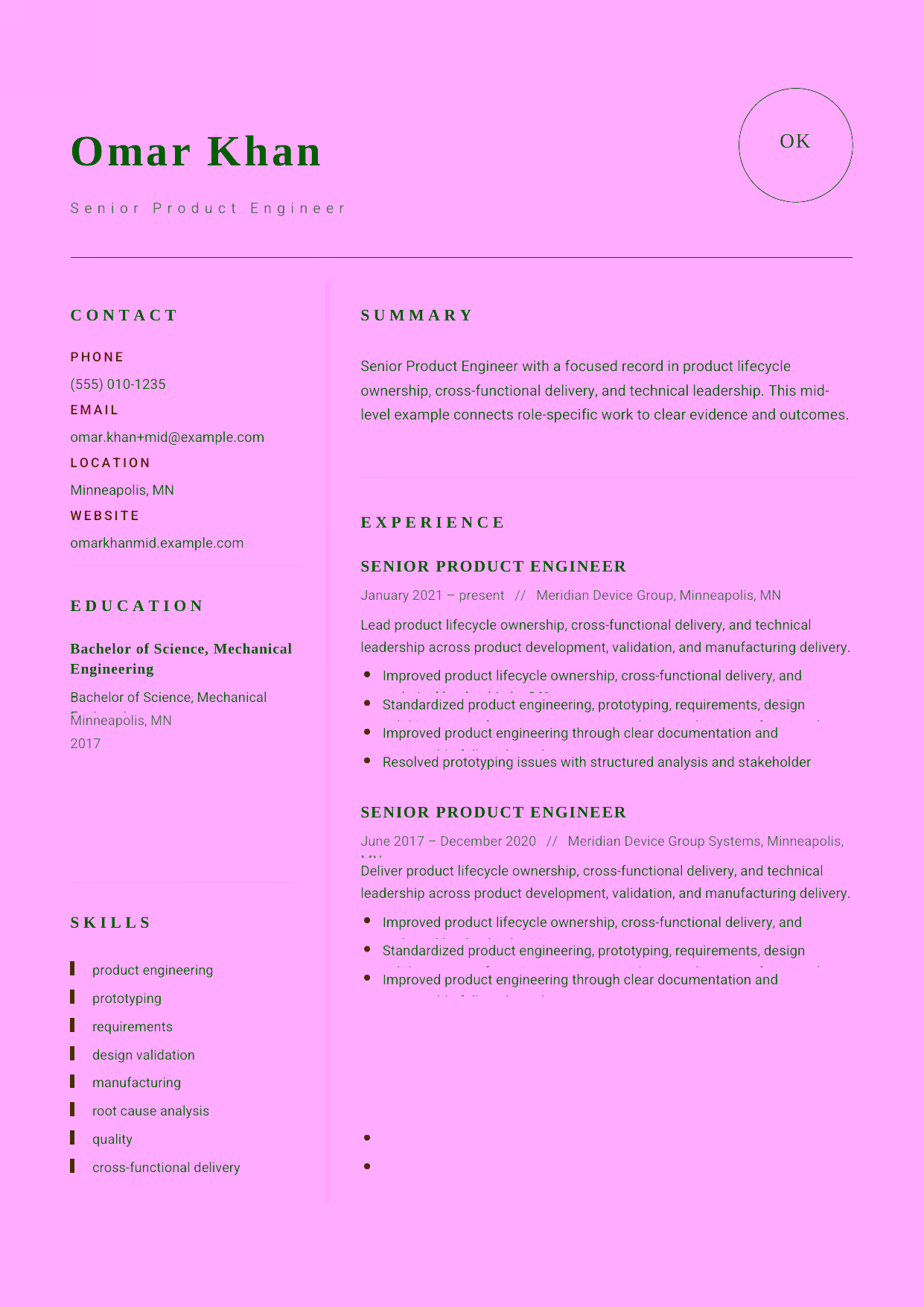 Mid-level Senior Product Engineer resume example in the Grus template focused on manufacturing transfer, quality, and root-cause analysis.