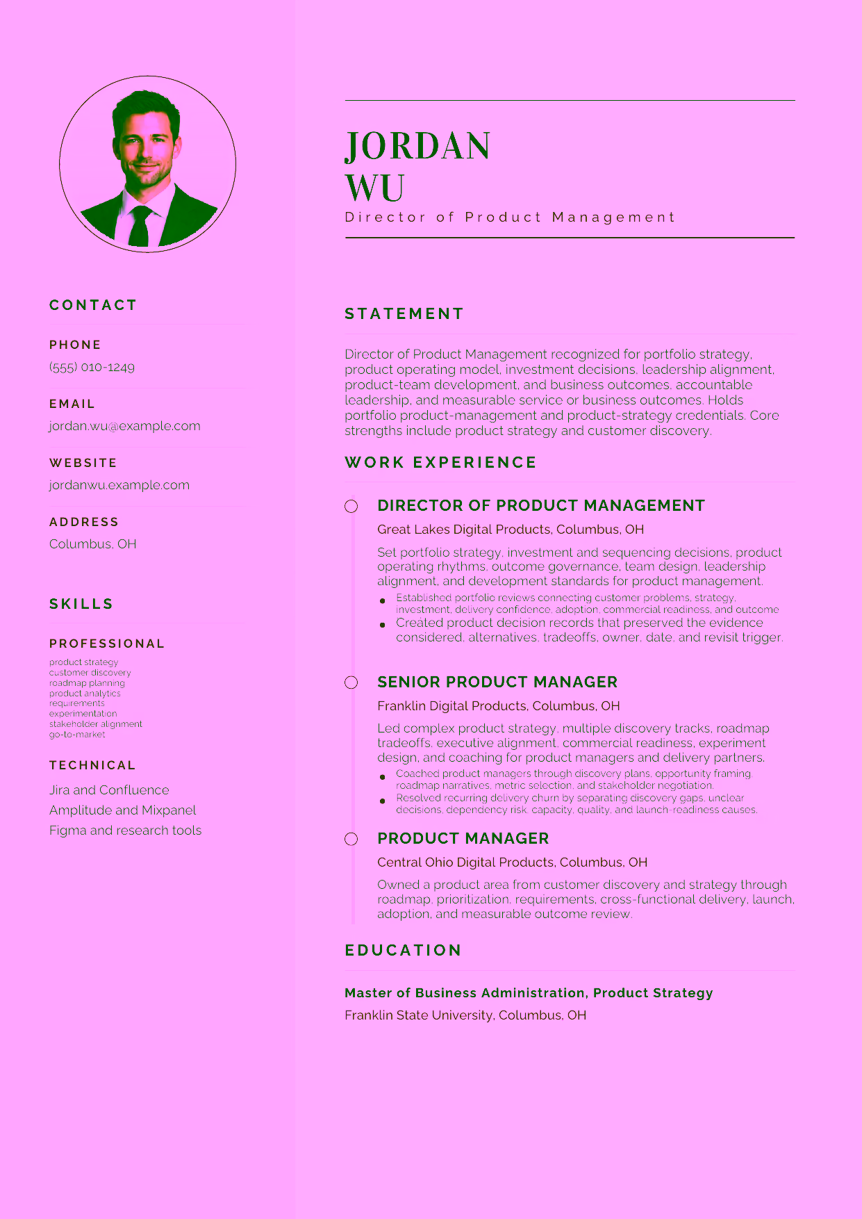 Advanced Director of Product Management resume example in the Cetus template focused on portfolio strategy, product operating model, investment decisions, leadership alignment, product-team development, and business outcomes.