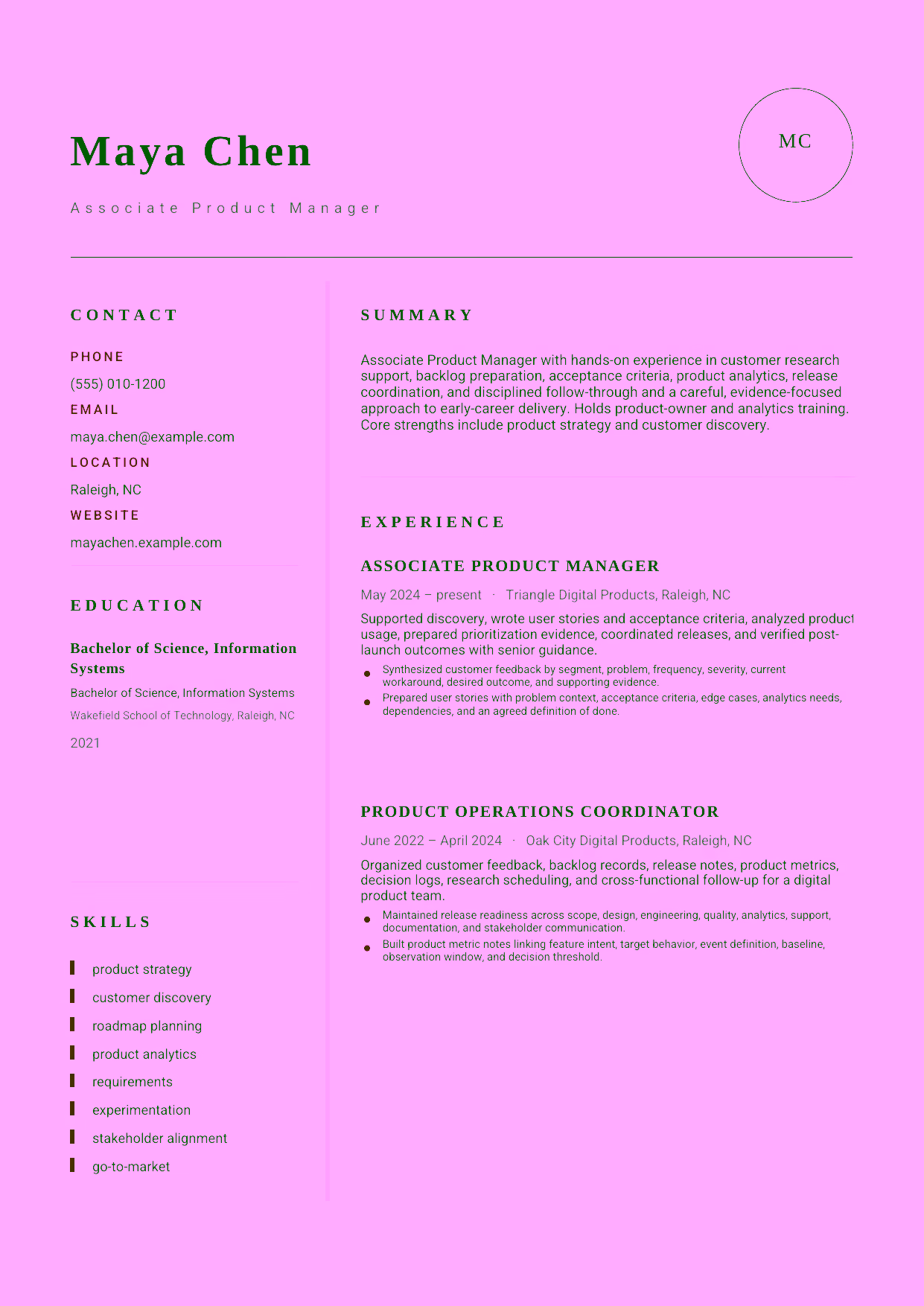 Entry-level Associate Product Manager resume example in the Grus template focused on customer research support, backlog preparation, acceptance criteria, product analytics, release coordination, and disciplined follow-through.