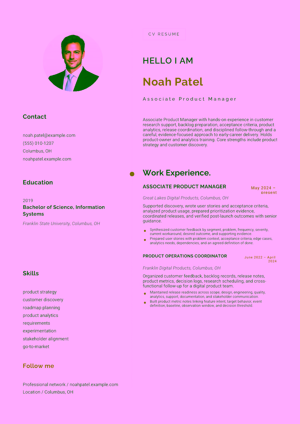 Entry-level Associate Product Manager resume example in the Eridanus template focused on customer research support, backlog preparation, acceptance criteria, product analytics, release coordination, and disciplined follow-through.
