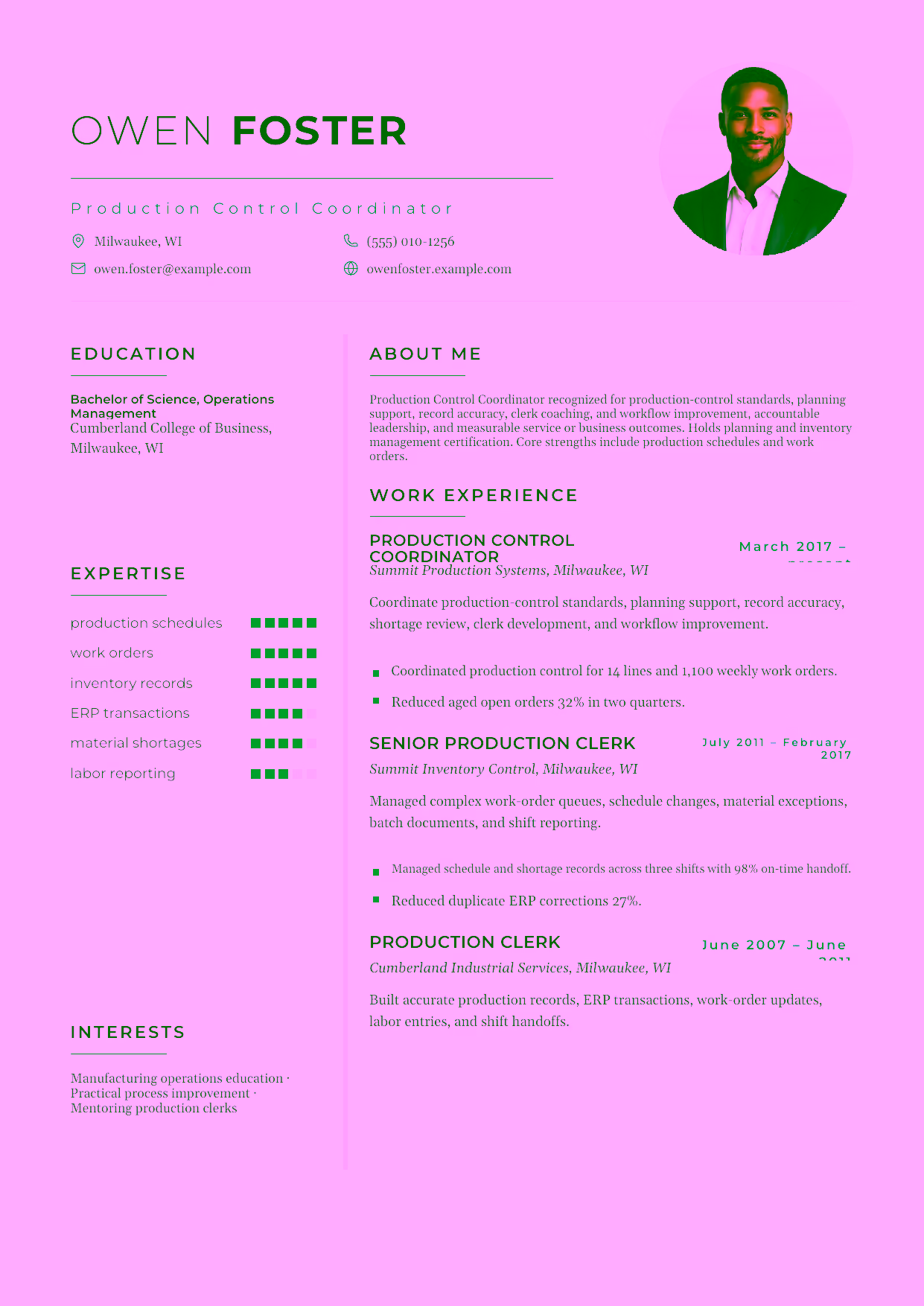 Advanced Production Control Coordinator resume example in the Achernar template focused on production-control standards, planning support, record accuracy, clerk coaching, and workflow improvement.