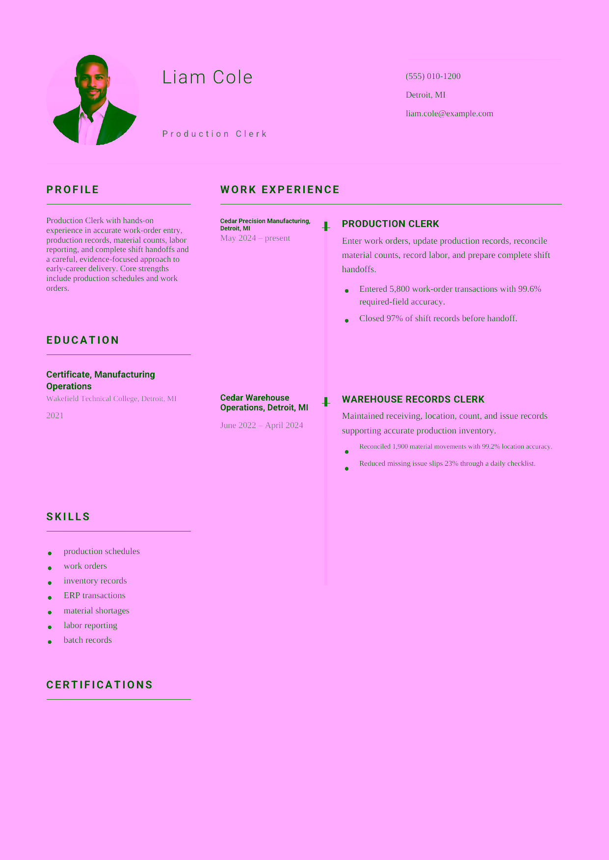 Entry-level Production Clerk resume example in the Puppis template focused on accurate work-order entry, production records, material counts, labor reporting, and complete shift handoffs.
