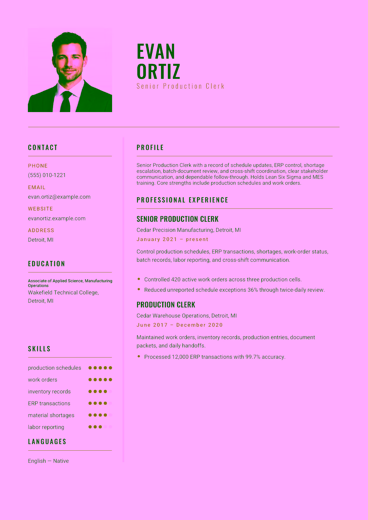Mid-level Senior Production Clerk resume example in the Acamar template focused on schedule updates, ERP control, shortage escalation, batch-document review, and cross-shift coordination.