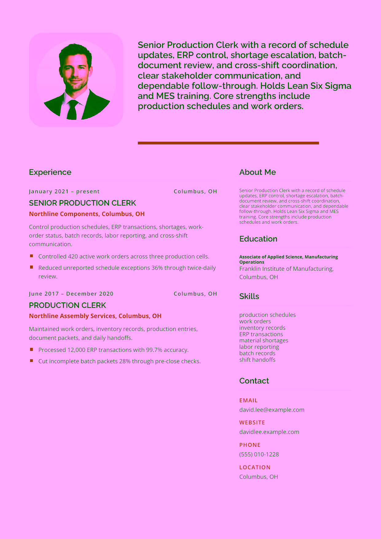 Mid-level Senior Production Clerk resume example in the Andromeda template focused on schedule updates, ERP control, shortage escalation, batch-document review, and cross-shift coordination.