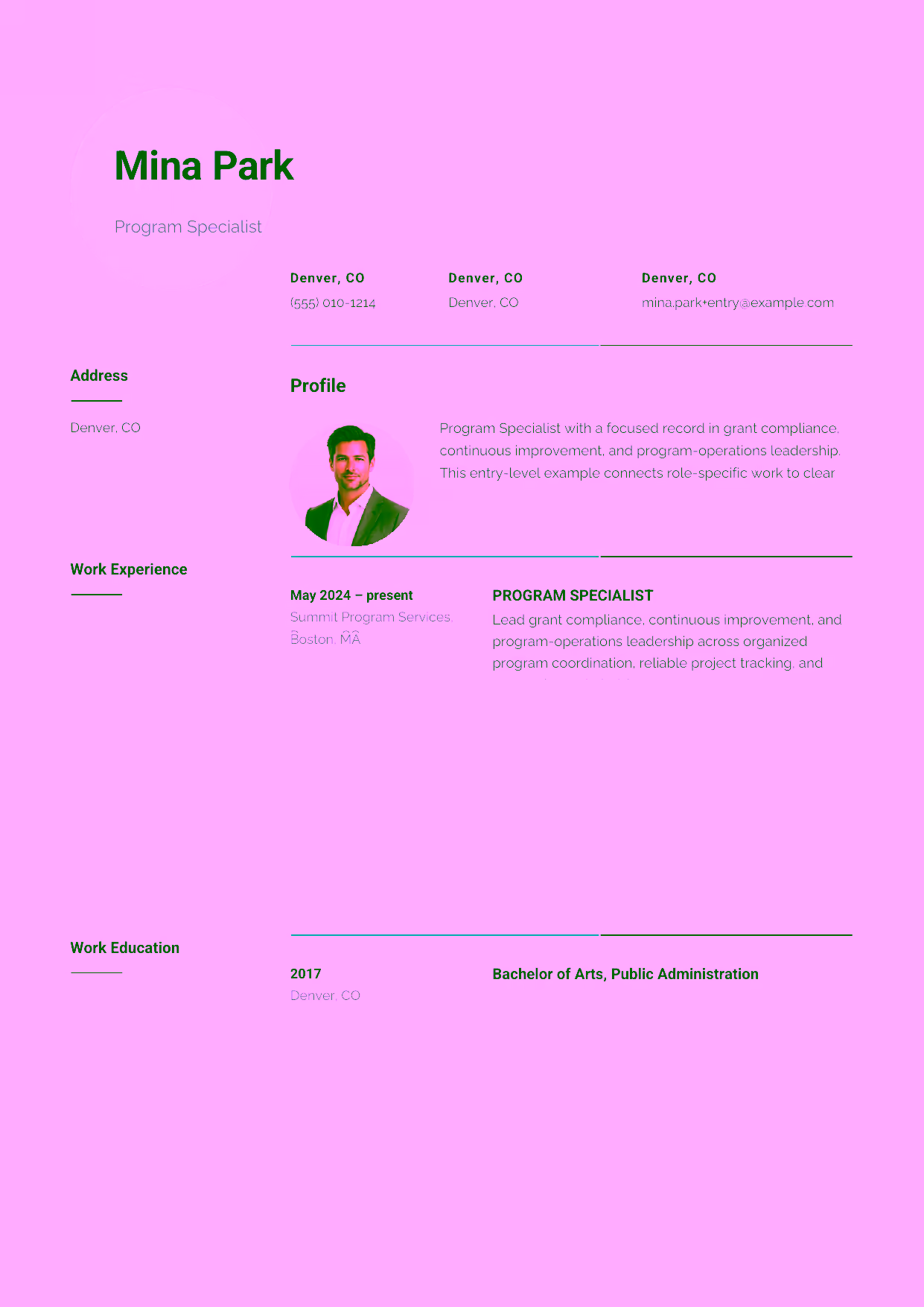 Entry-level Program Specialist resume example in the Pavo template focused on organized program coordination, reliable project tracking, and responsive stakeholder support.