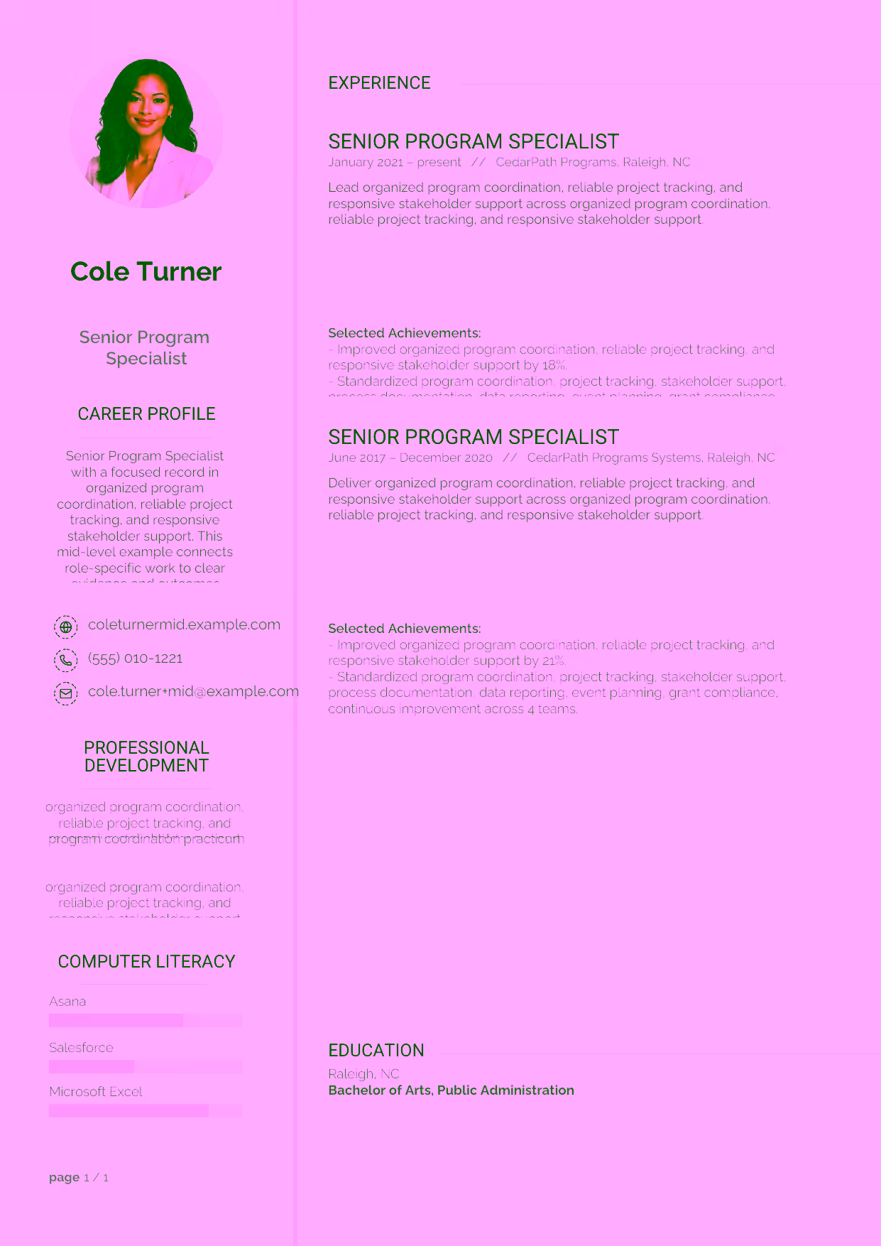 Mid-level Senior Program Specialist resume example in the Synnove template focused on process documentation, data reporting, and well-run program events.