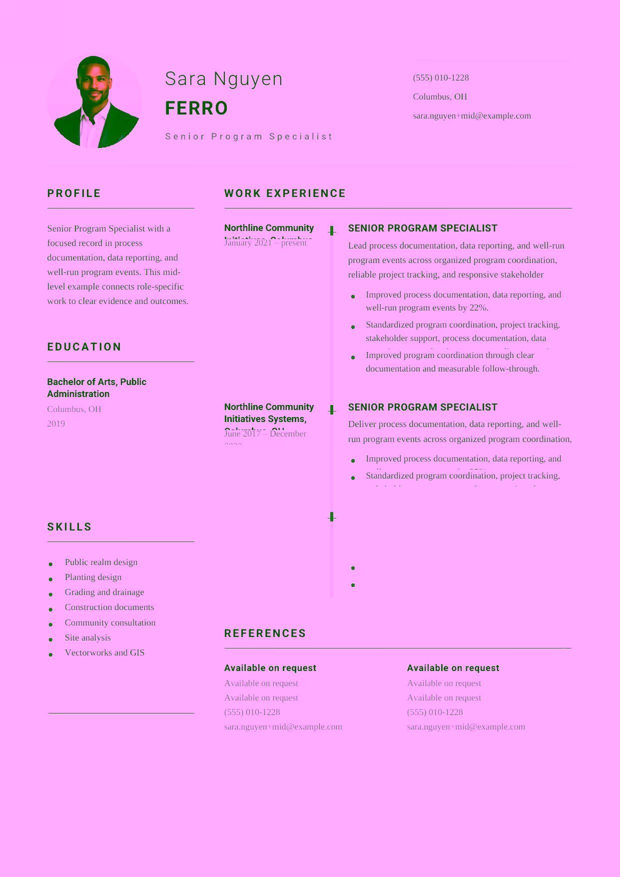 Mid-level Senior Program Specialist resume example in the Puppis template focused on process documentation, data reporting, and well-run program events.