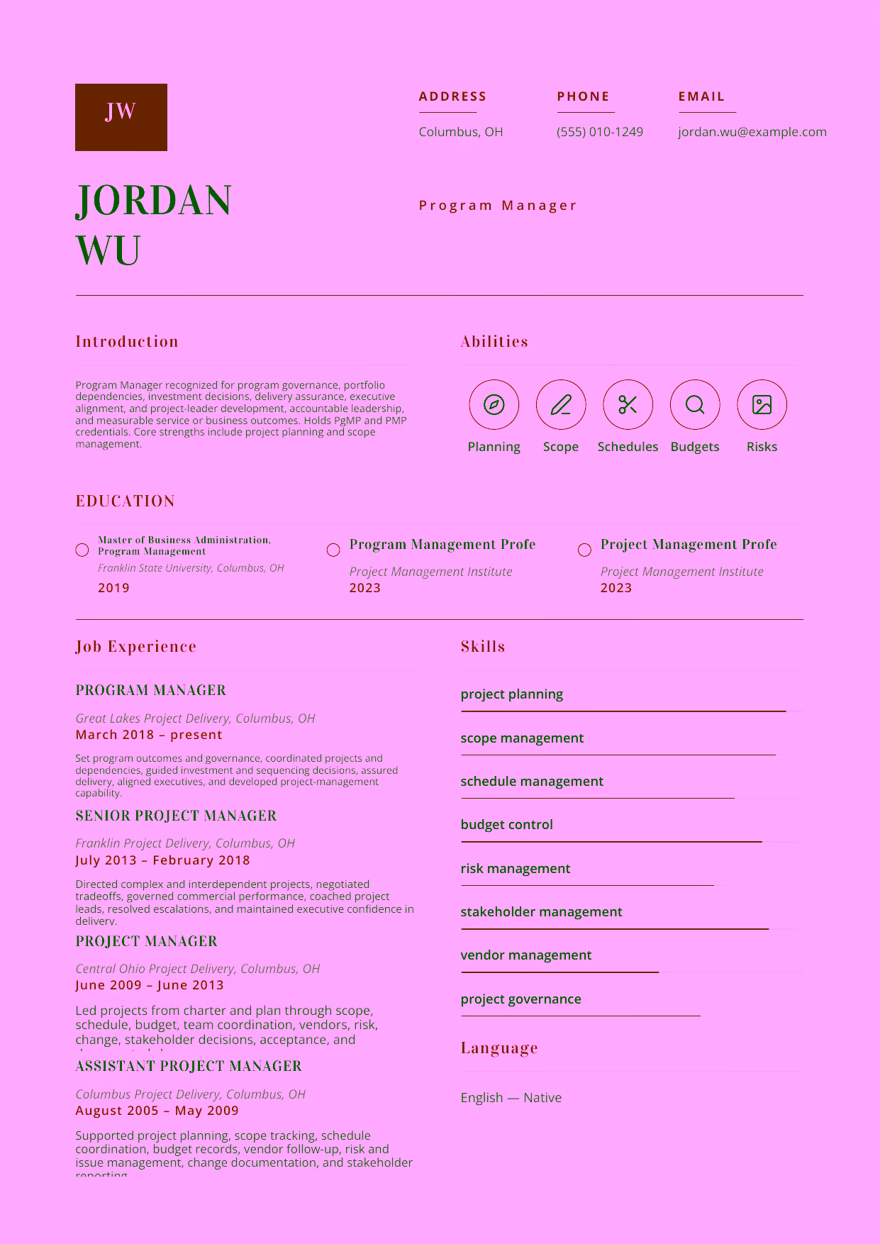 Advanced Program Manager resume example in the Delphinus template focused on program governance, portfolio dependencies, investment decisions, delivery assurance, executive alignment, and project-leader development.