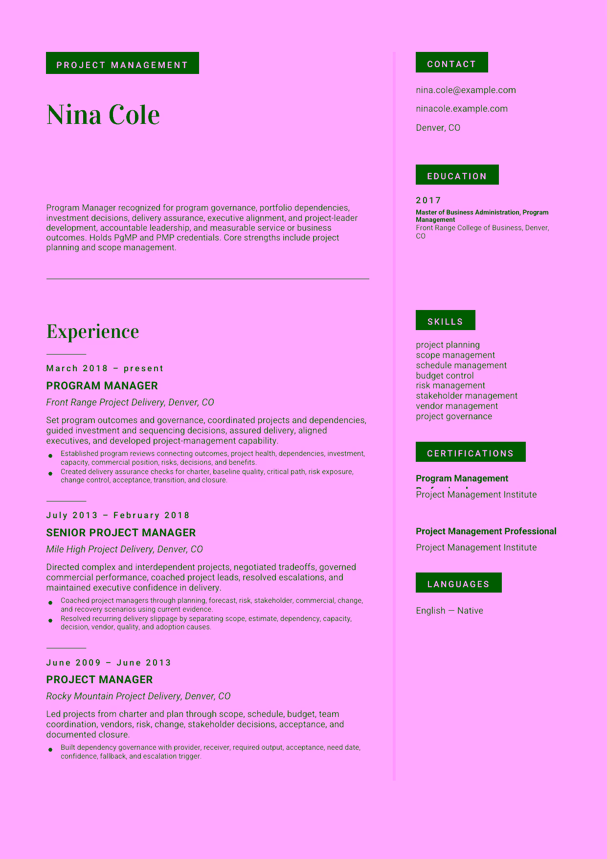 Advanced Program Manager resume example in the Aquila template focused on program governance, portfolio dependencies, investment decisions, delivery assurance, executive alignment, and project-leader development.