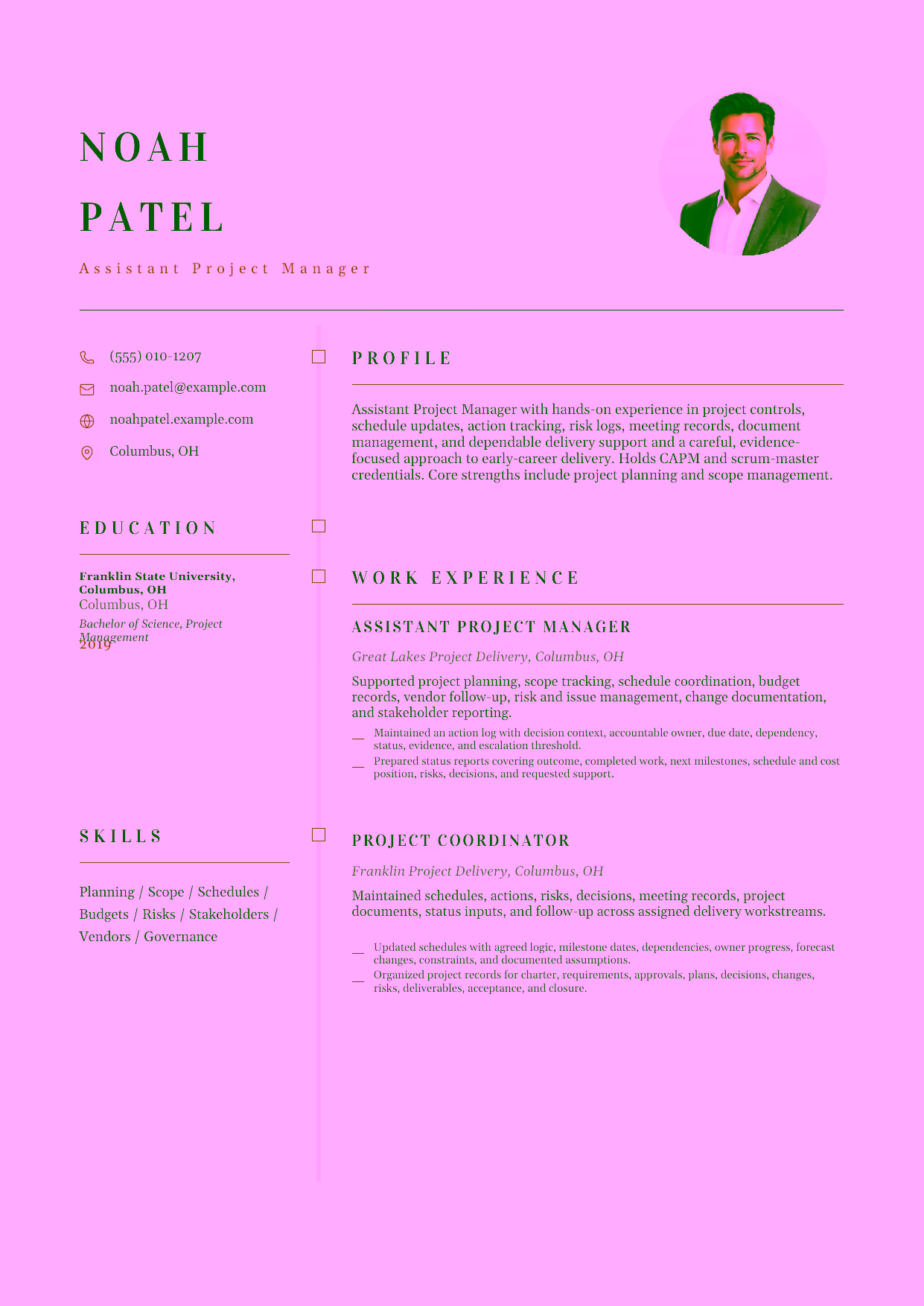 Entry-level Assistant Project Manager resume example in the Draco template focused on project controls, schedule updates, action tracking, risk logs, meeting records, document management, and dependable delivery support.