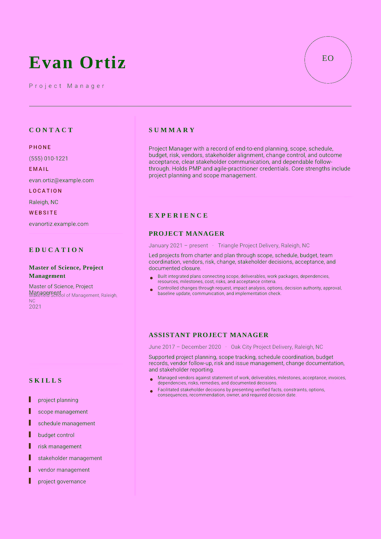 Mid-level Project Manager resume example in the Grus template focused on end-to-end planning, scope, schedule, budget, risk, vendors, stakeholder alignment, change control, and outcome acceptance.