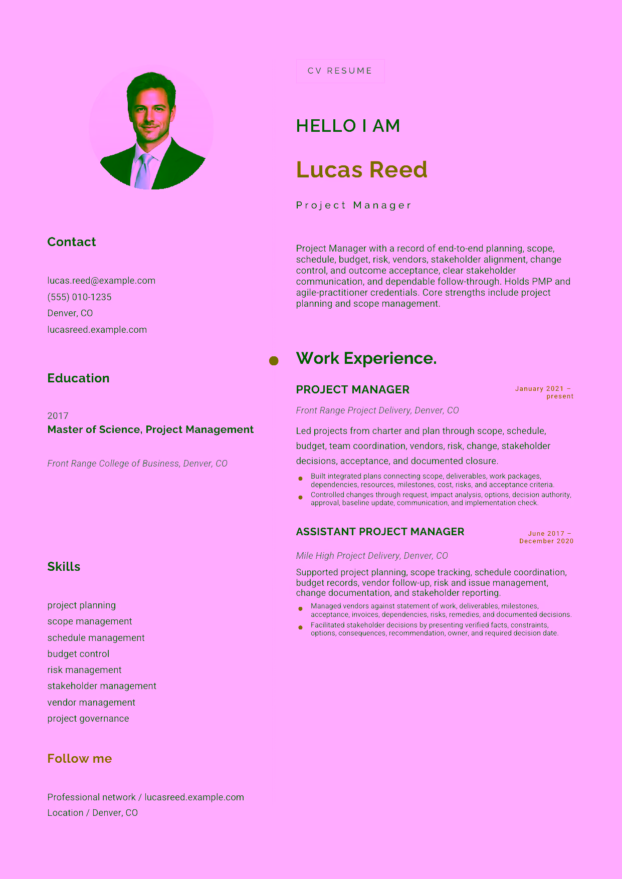 Mid-level Project Manager resume example in the Eridanus template focused on end-to-end planning, scope, schedule, budget, risk, vendors, stakeholder alignment, change control, and outcome acceptance.