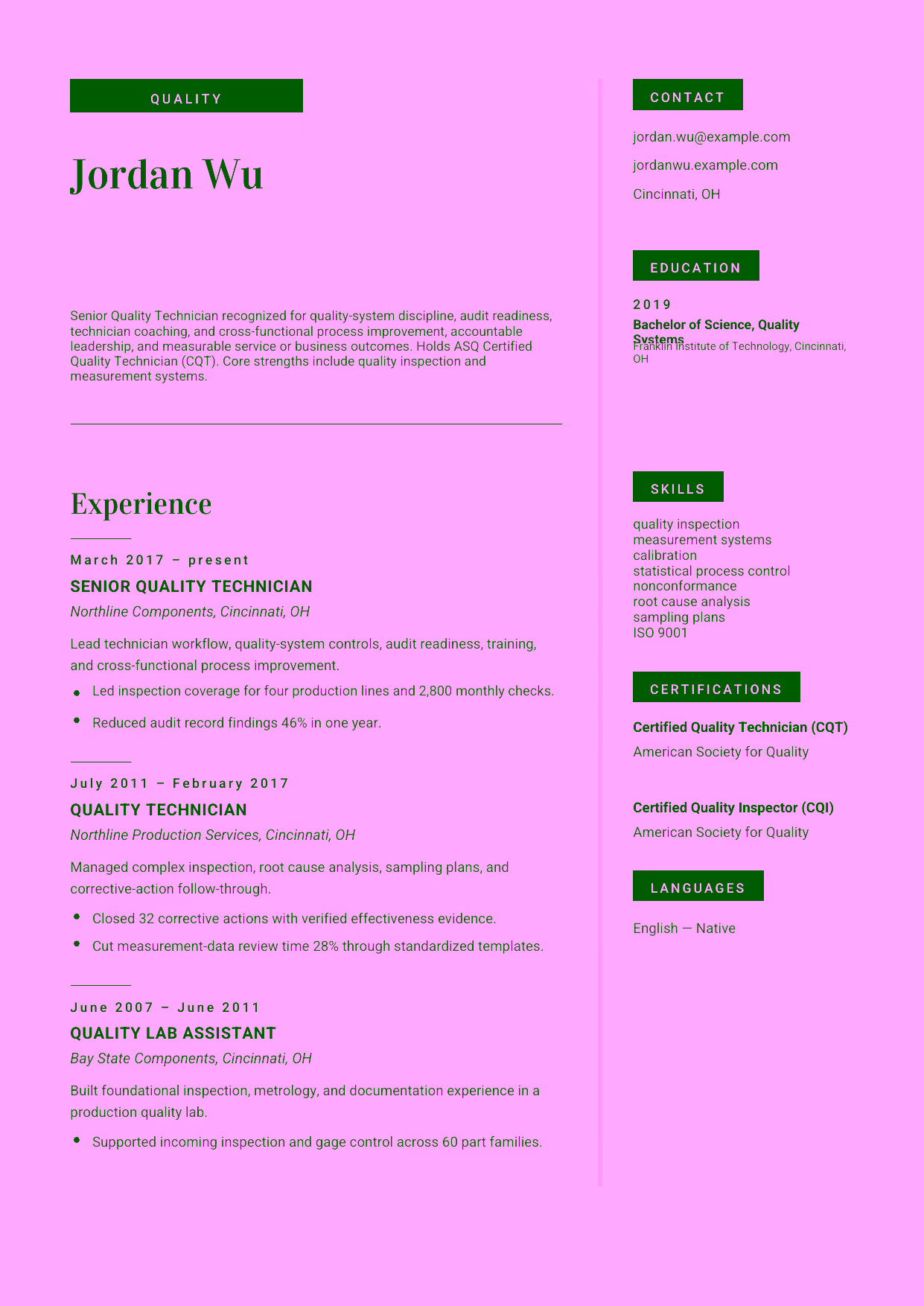Advanced Senior Quality Technician resume example in the Aquila template focused on quality-system discipline, audit readiness, technician coaching, and cross-functional process improvement.
