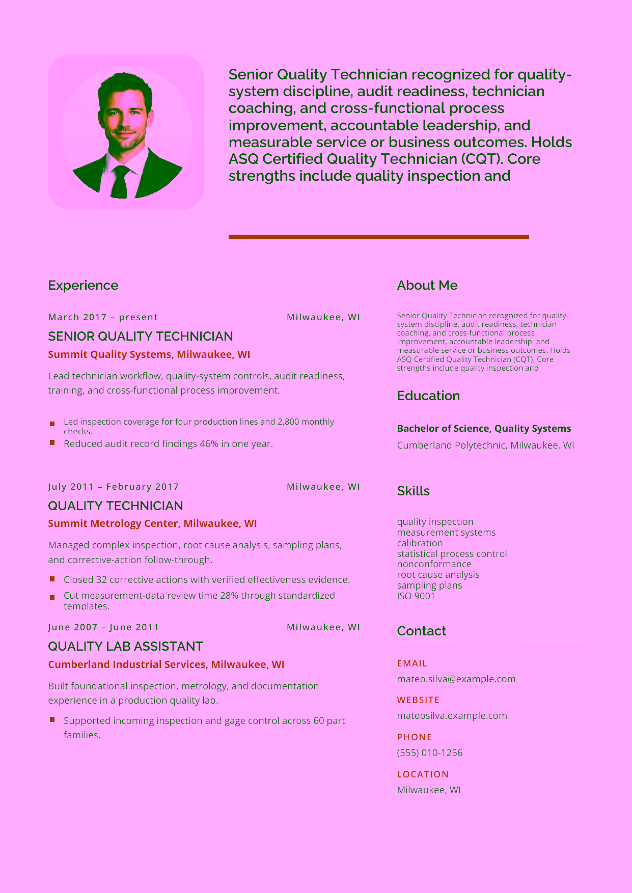 Advanced Senior Quality Technician resume example in the Andromeda template focused on quality-system discipline, audit readiness, technician coaching, and cross-functional process improvement.