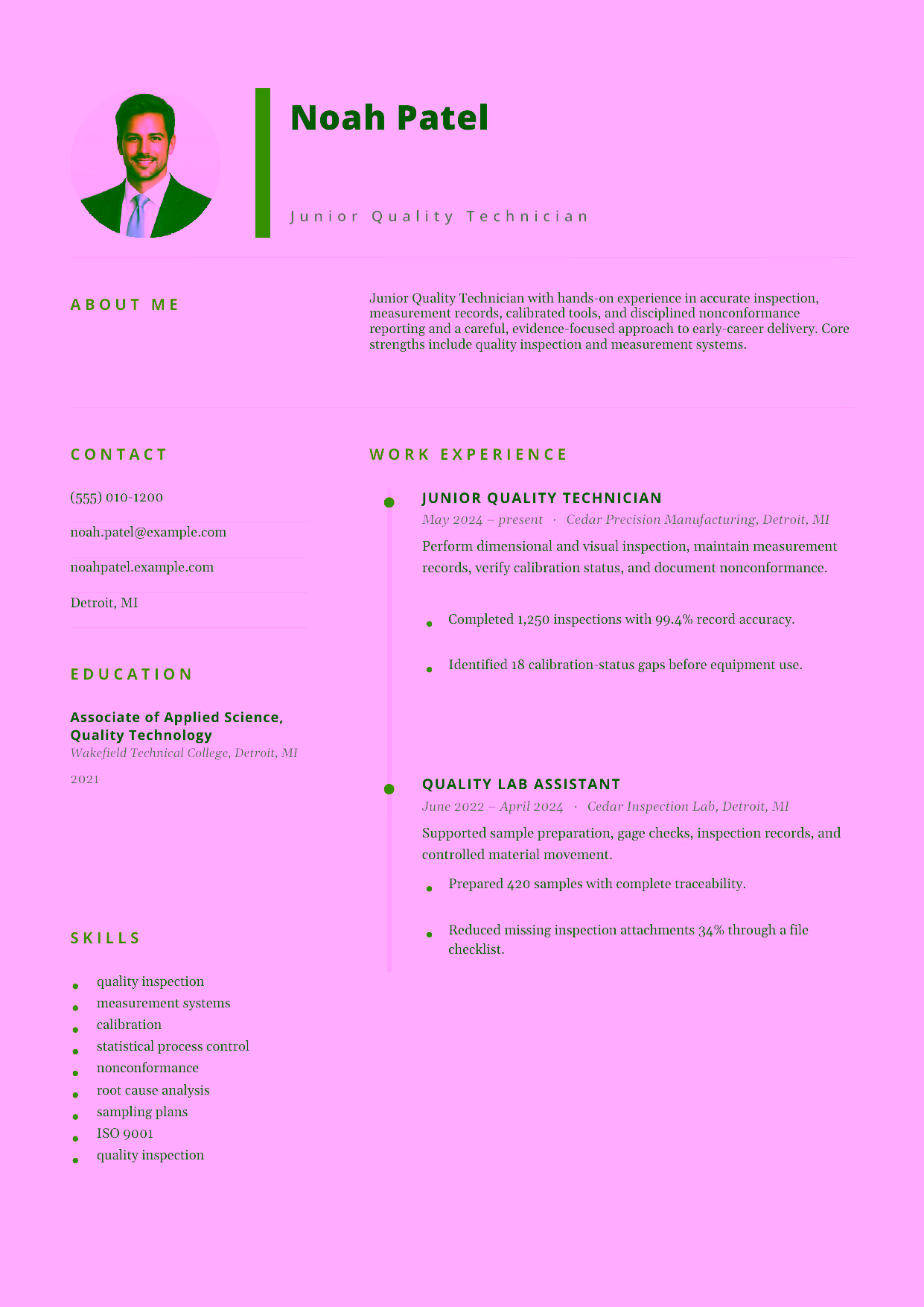 Entry-level Junior Quality Technician resume example in the Pegasus template focused on accurate inspection, measurement records, calibrated tools, and disciplined nonconformance reporting.