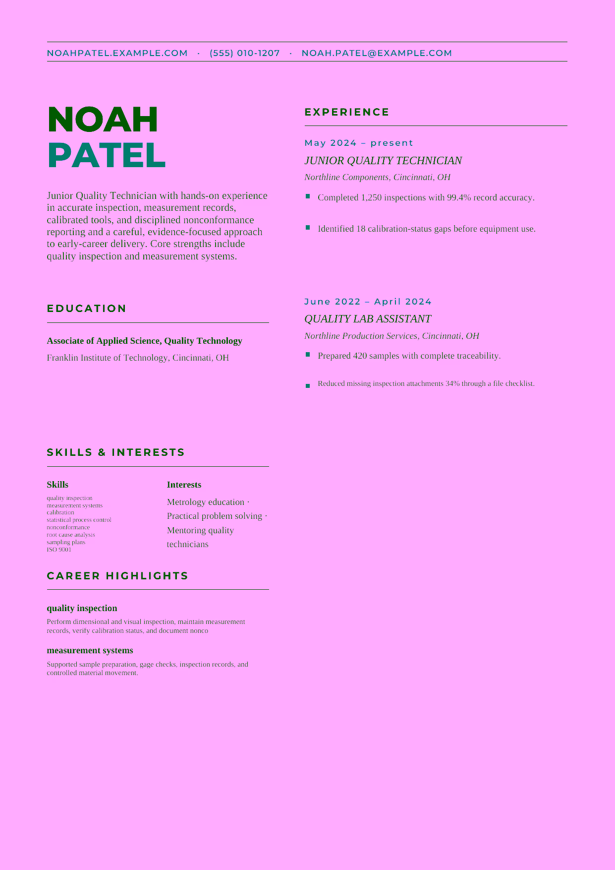 Entry-level Junior Quality Technician resume example in the Bootes template focused on accurate inspection, measurement records, calibrated tools, and disciplined nonconformance reporting.