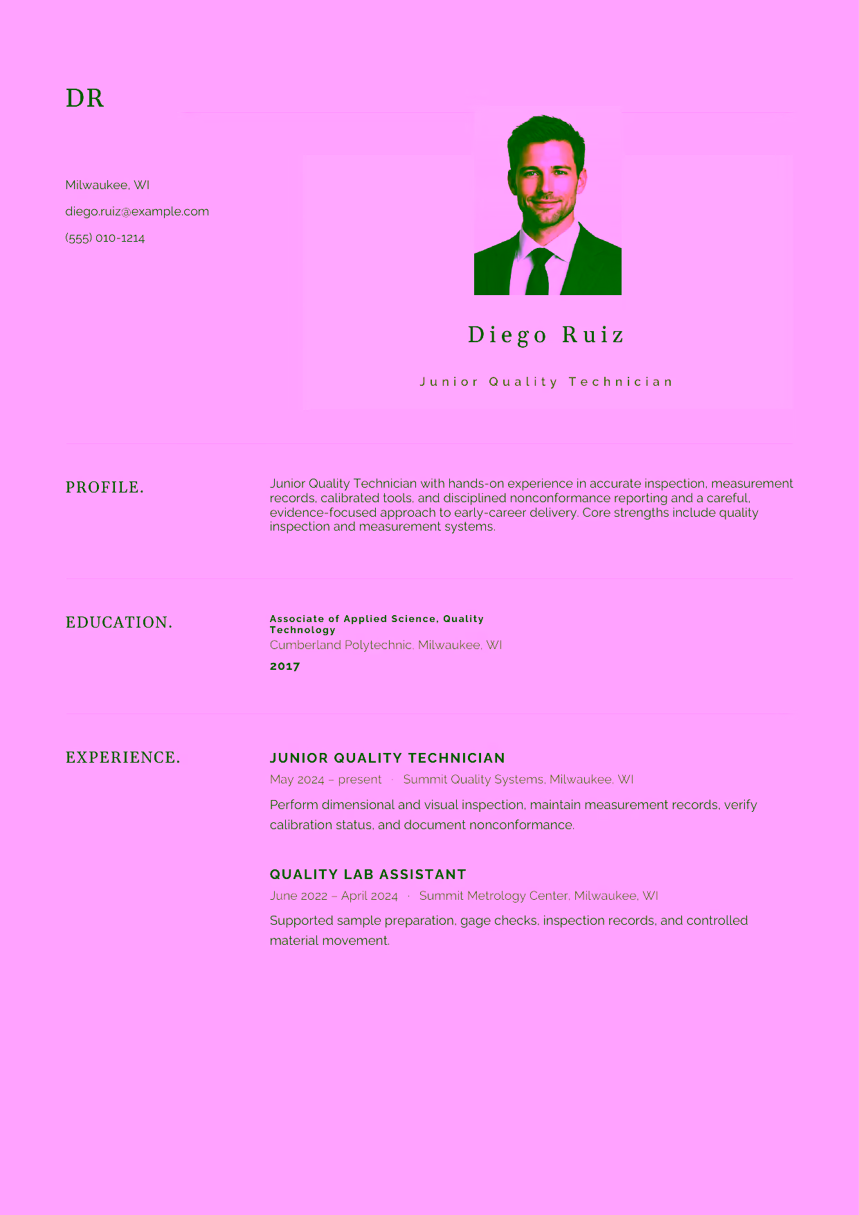 Entry-level Junior Quality Technician resume example in the Norma template focused on accurate inspection, measurement records, calibrated tools, and disciplined nonconformance reporting.