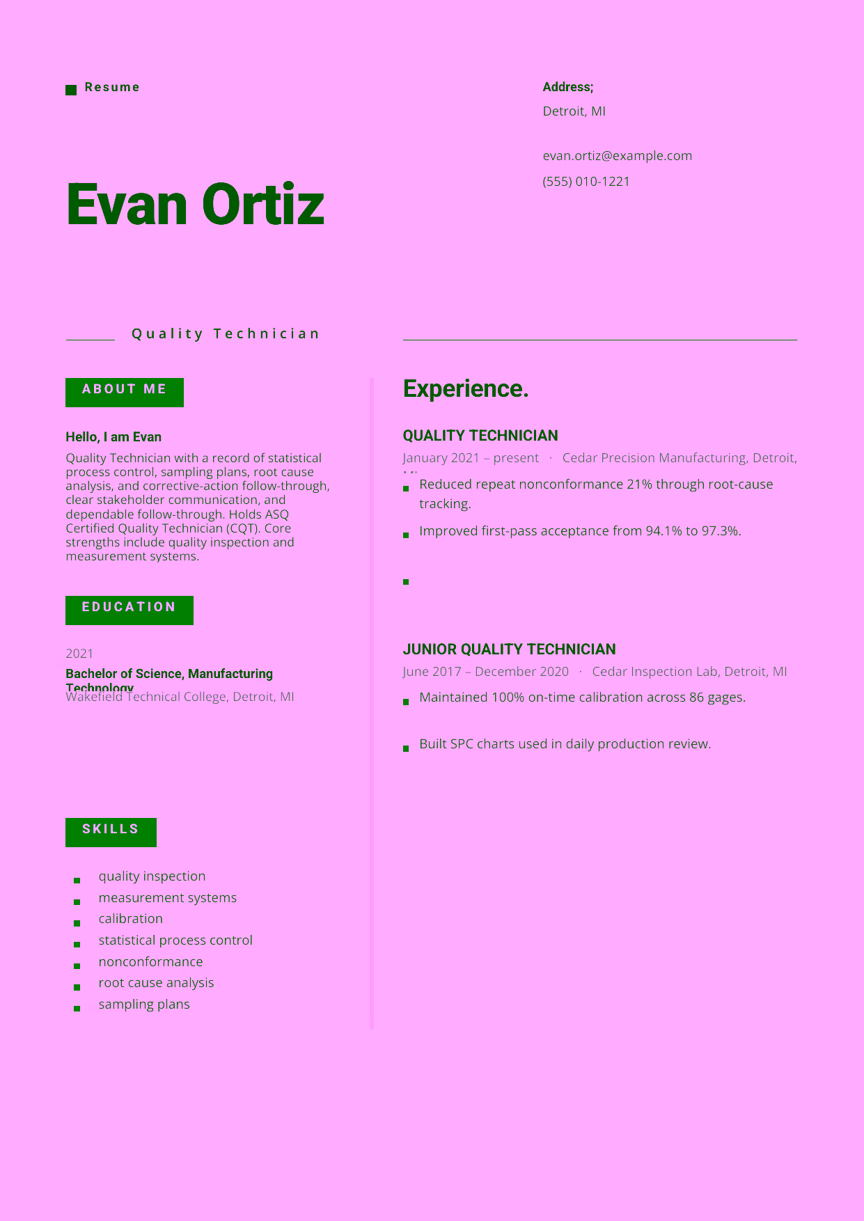Mid-level Quality Technician resume example in the Indus template focused on statistical process control, sampling plans, root cause analysis, and corrective-action follow-through.