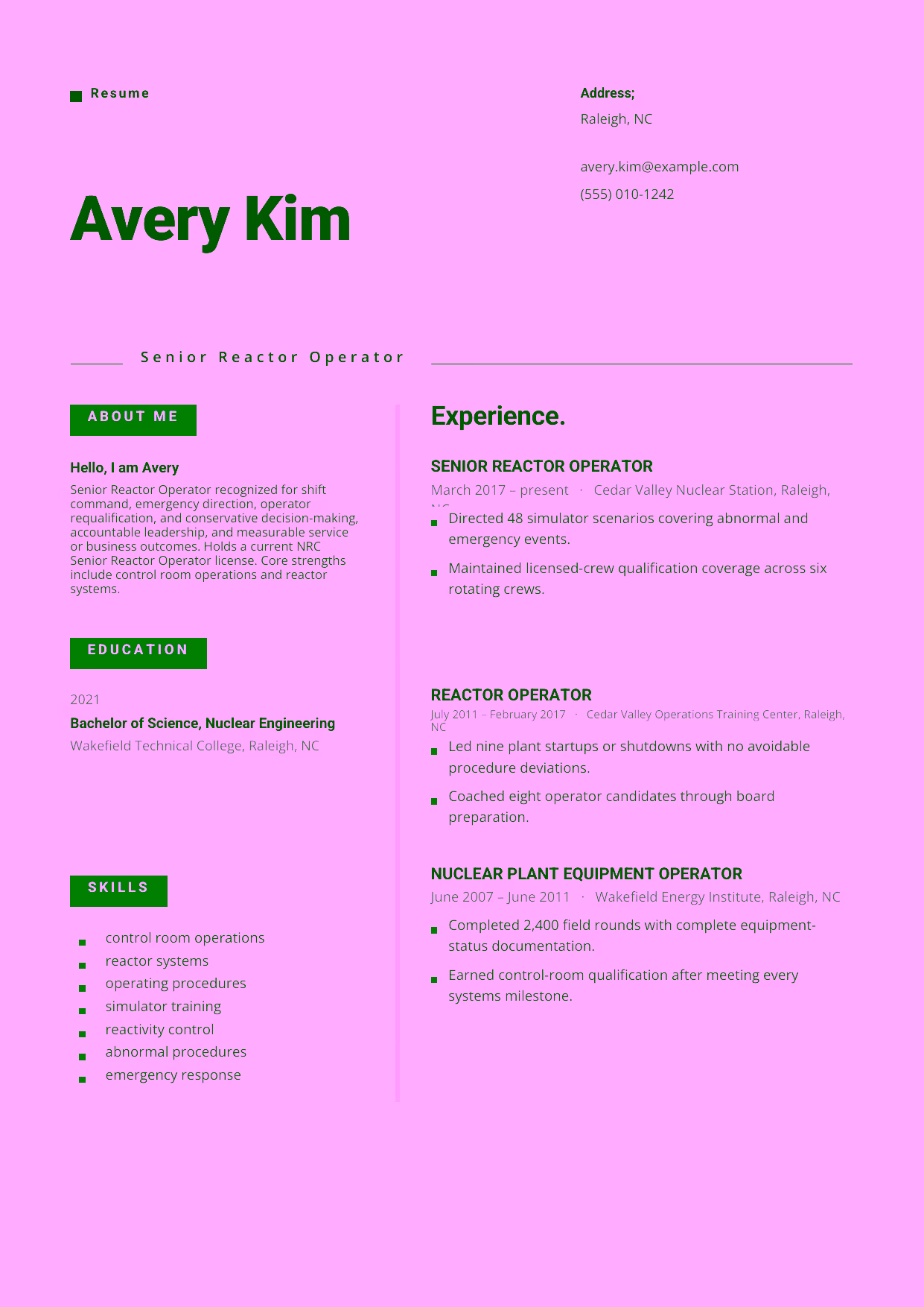 Advanced Senior Reactor Operator resume example in the Indus template focused on shift command, emergency direction, operator requalification, and conservative decision-making.