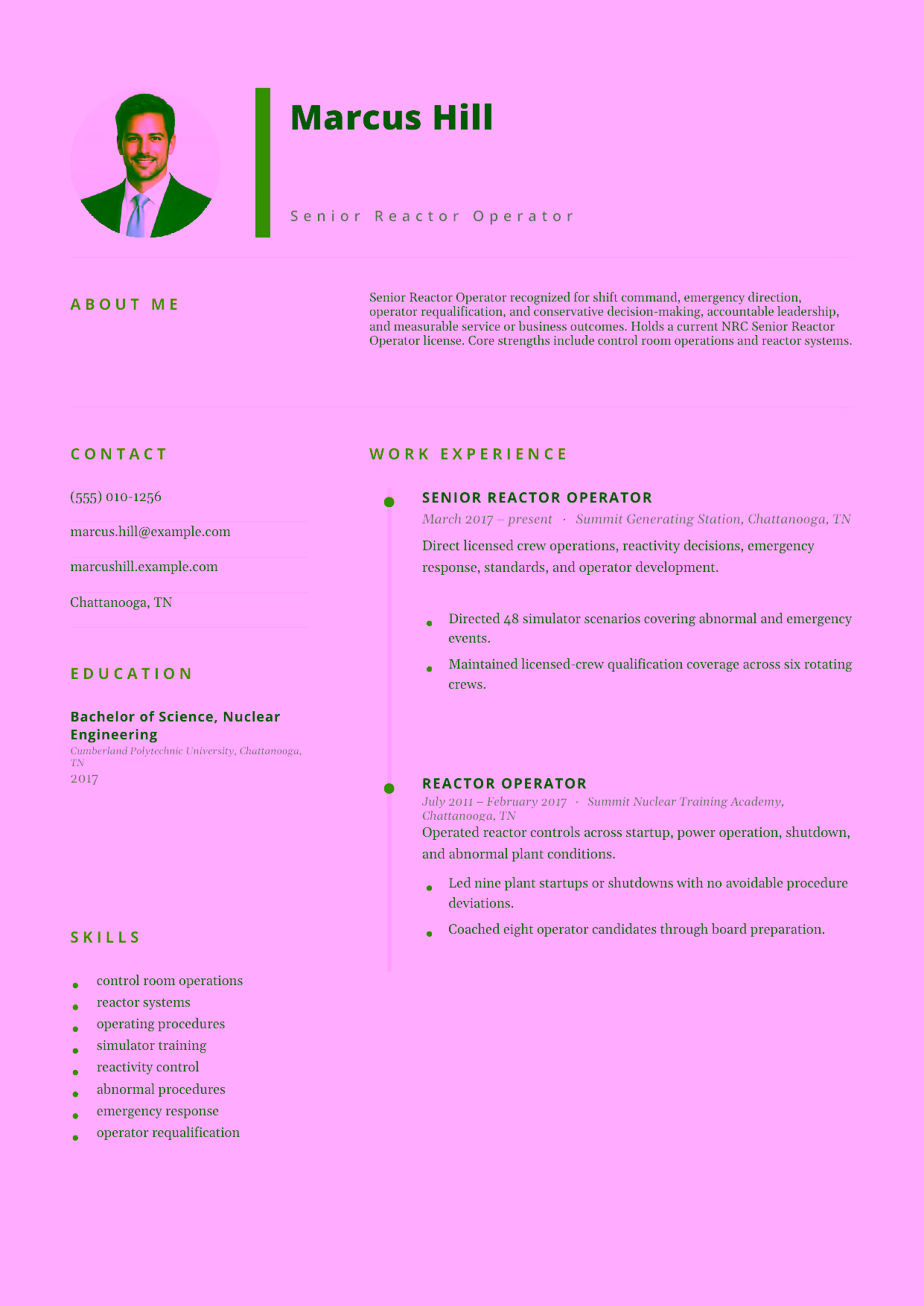 Advanced Senior Reactor Operator resume example in the Pegasus template focused on shift command, emergency direction, operator requalification, and conservative decision-making.