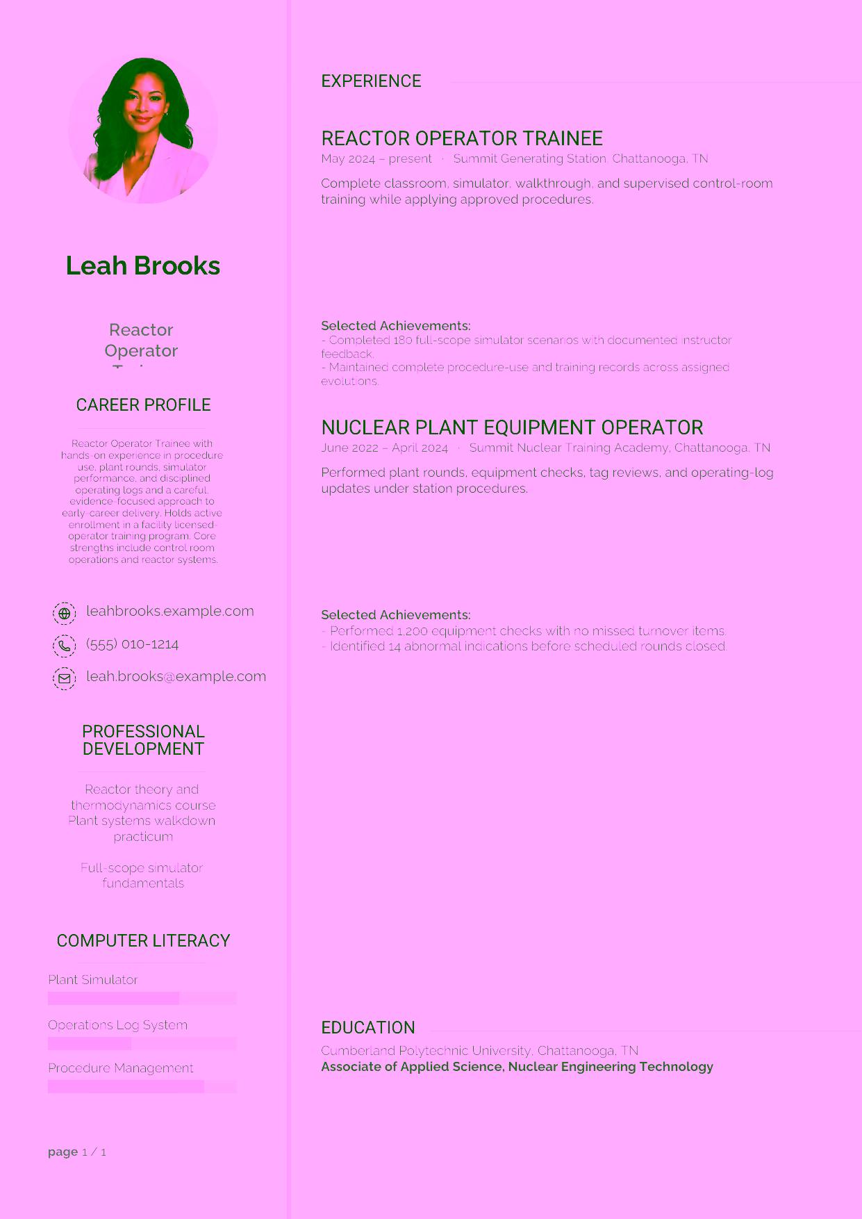 Entry-level Reactor Operator Trainee resume example in the Synnove template focused on procedure use, plant rounds, simulator performance, and disciplined operating logs.