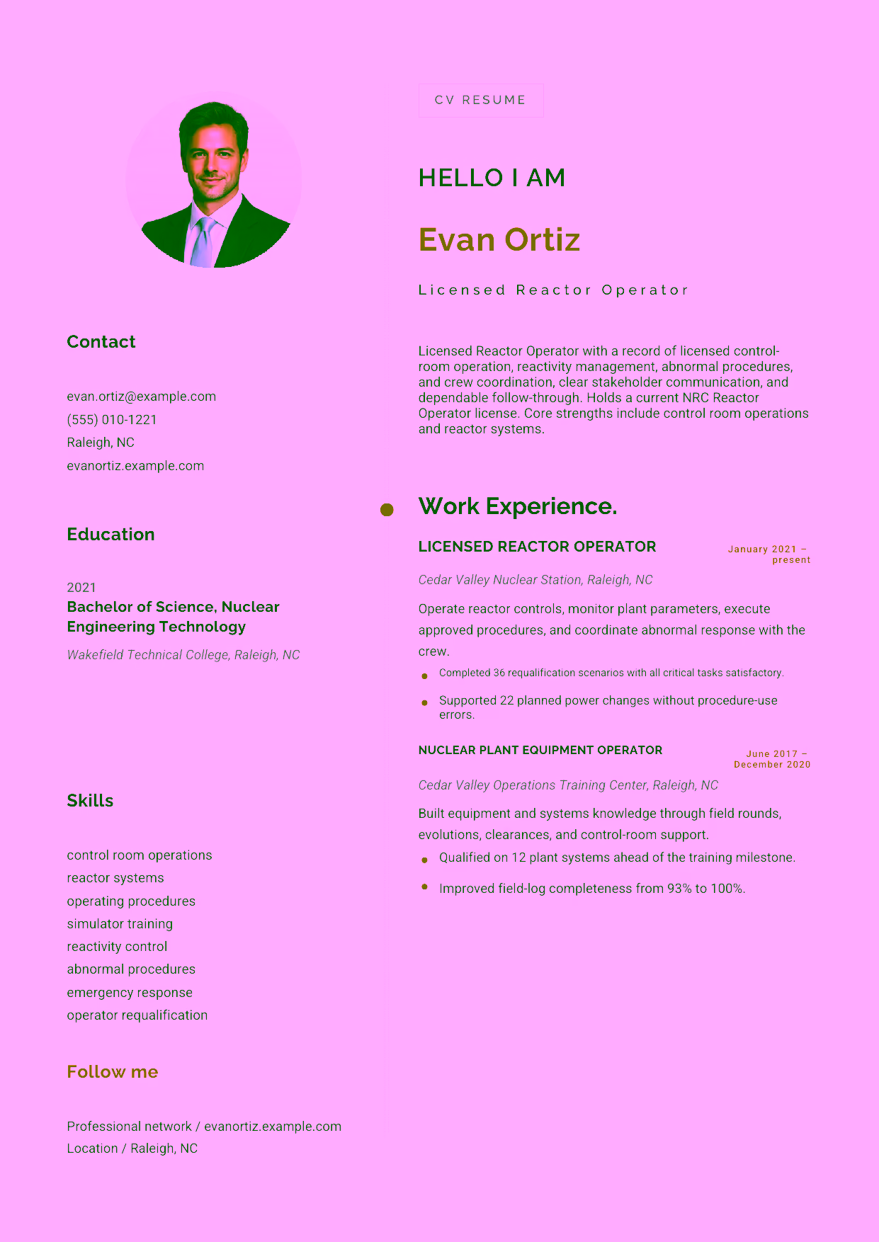 Mid-level Licensed Reactor Operator resume example in the Eridanus template focused on licensed control-room operation, reactivity management, abnormal procedures, and crew coordination.